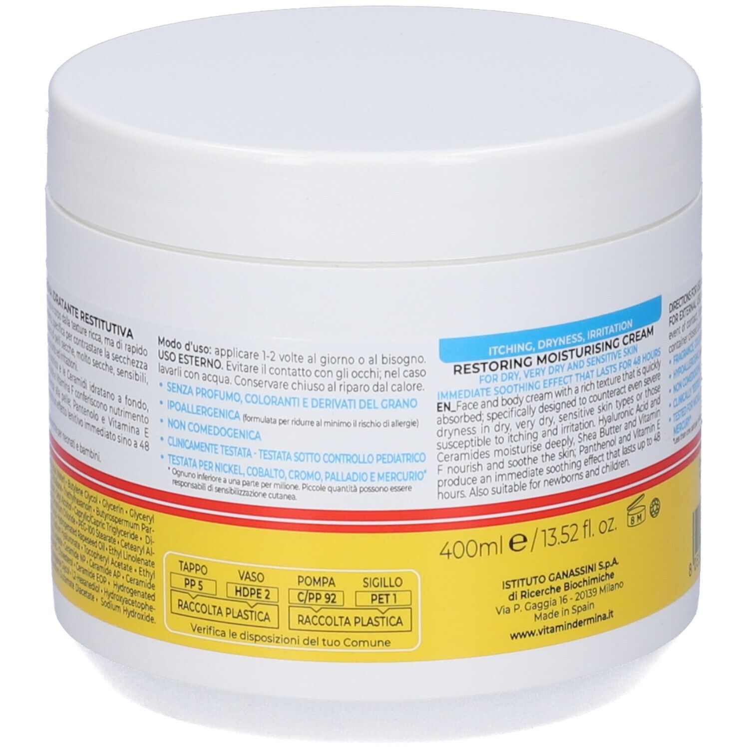 Dos du pot blanc. Autocollant jaune avec texte. Contient des informations sur les ingrédients et l'utilisation. 400ml.