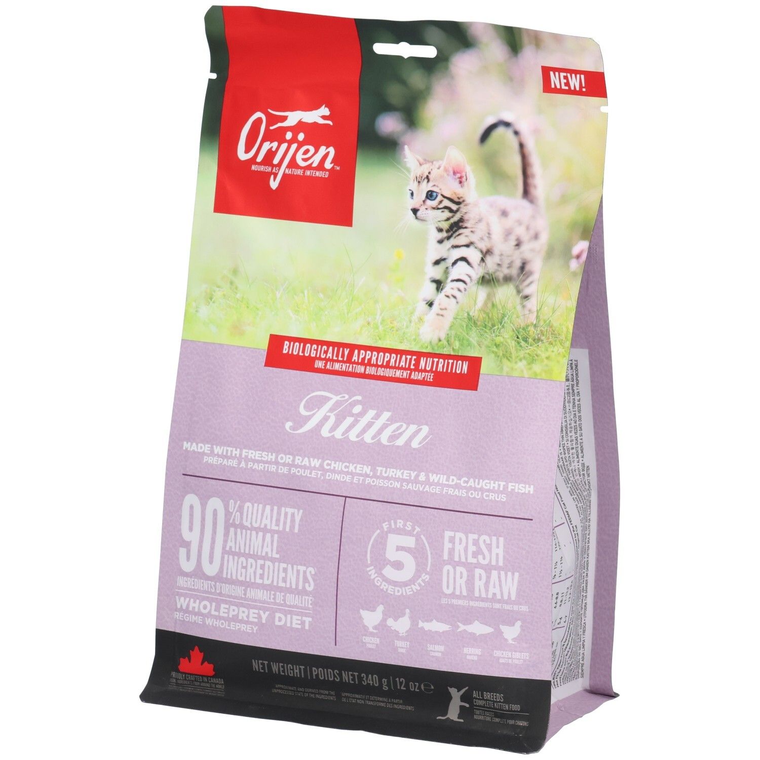 Sac de nourriture pour chat. Logo et nom du produit en haut à gauche. Image d'un chaton. Texte : Kitten, 90% ingrédients animaux, 5 ingrédients frais.