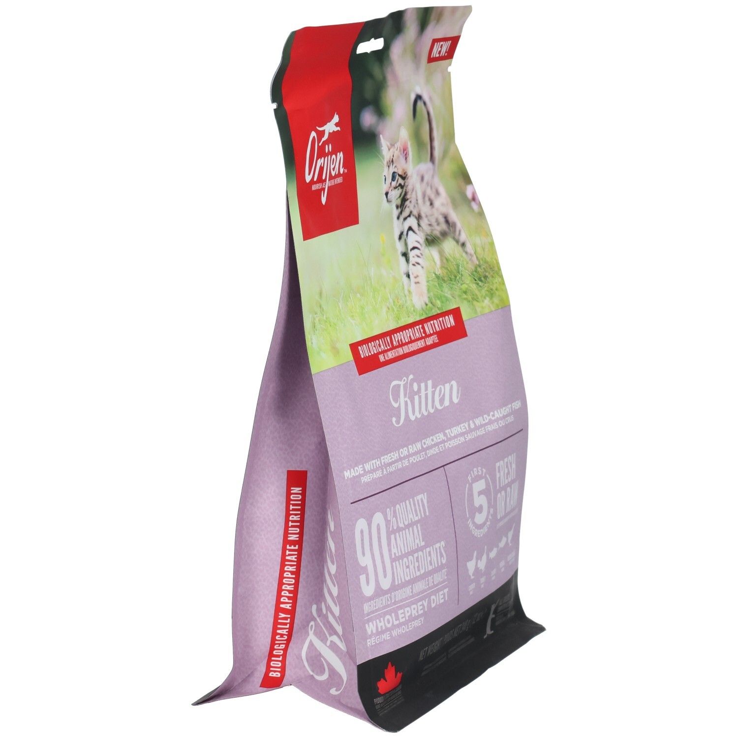 Vue latérale du sac de nourriture pour chat. Logo et nom du produit visibles. Texte : Kitten, 90% ingrédients animaux, 5 ingrédients frais.