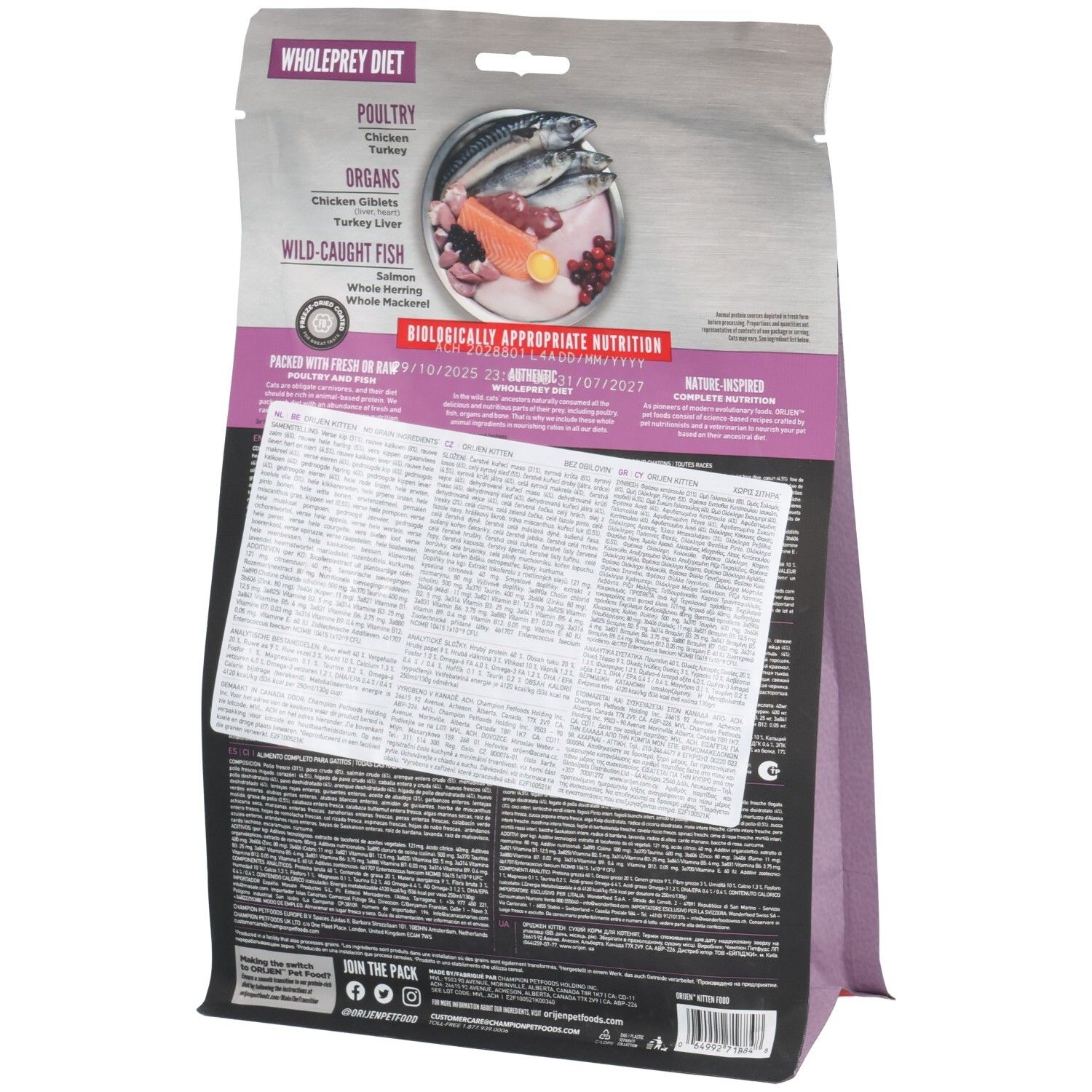 Dos du sac de nourriture pour chat. Texte : Wholeprey Diet, liste des ingrédients, informations sur l'alimentation. Image de poisson.