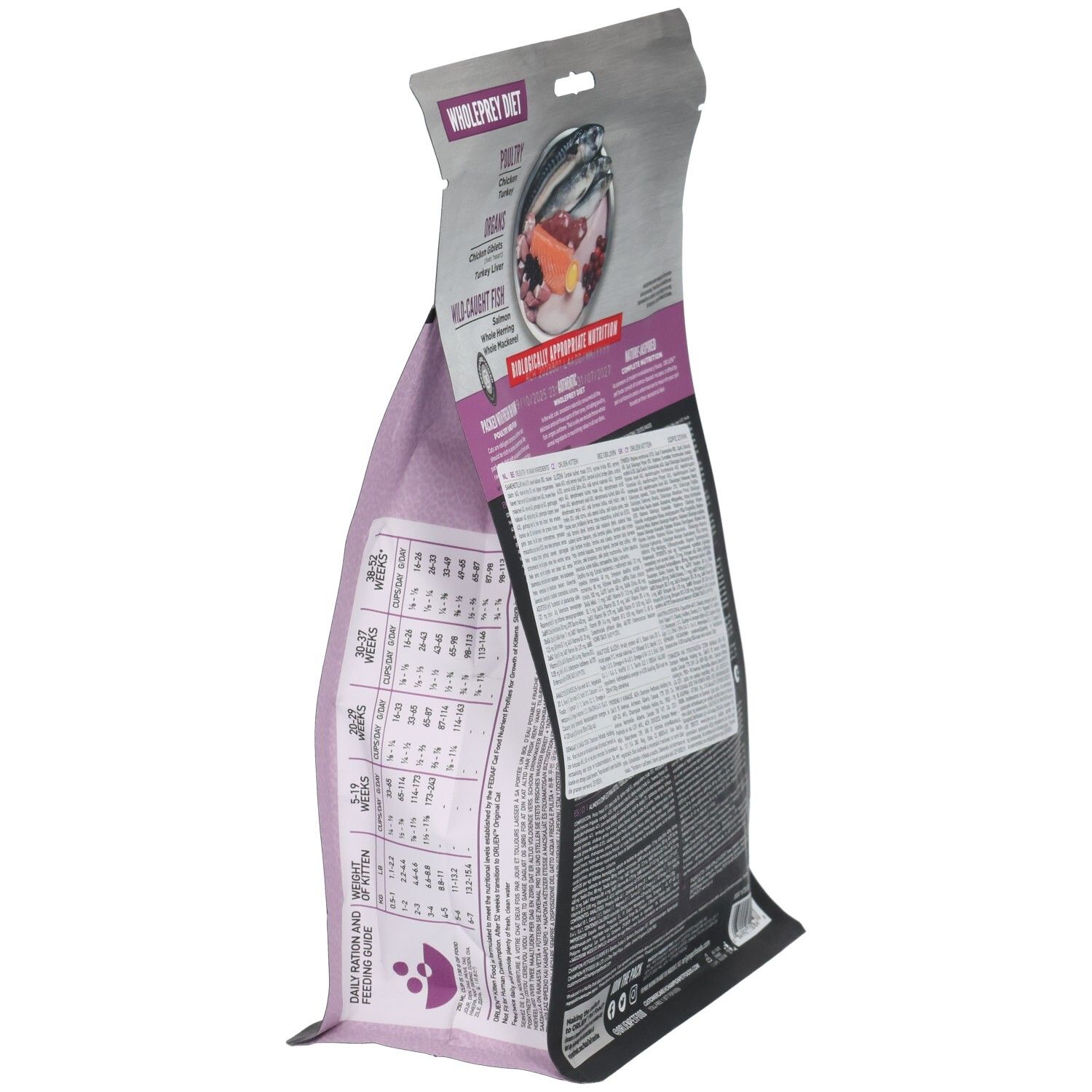 Vue latérale du sac de nourriture pour chat. Texte : Wholeprey Diet, informations sur l'alimentation. Image de poisson. Texte et graphiques.