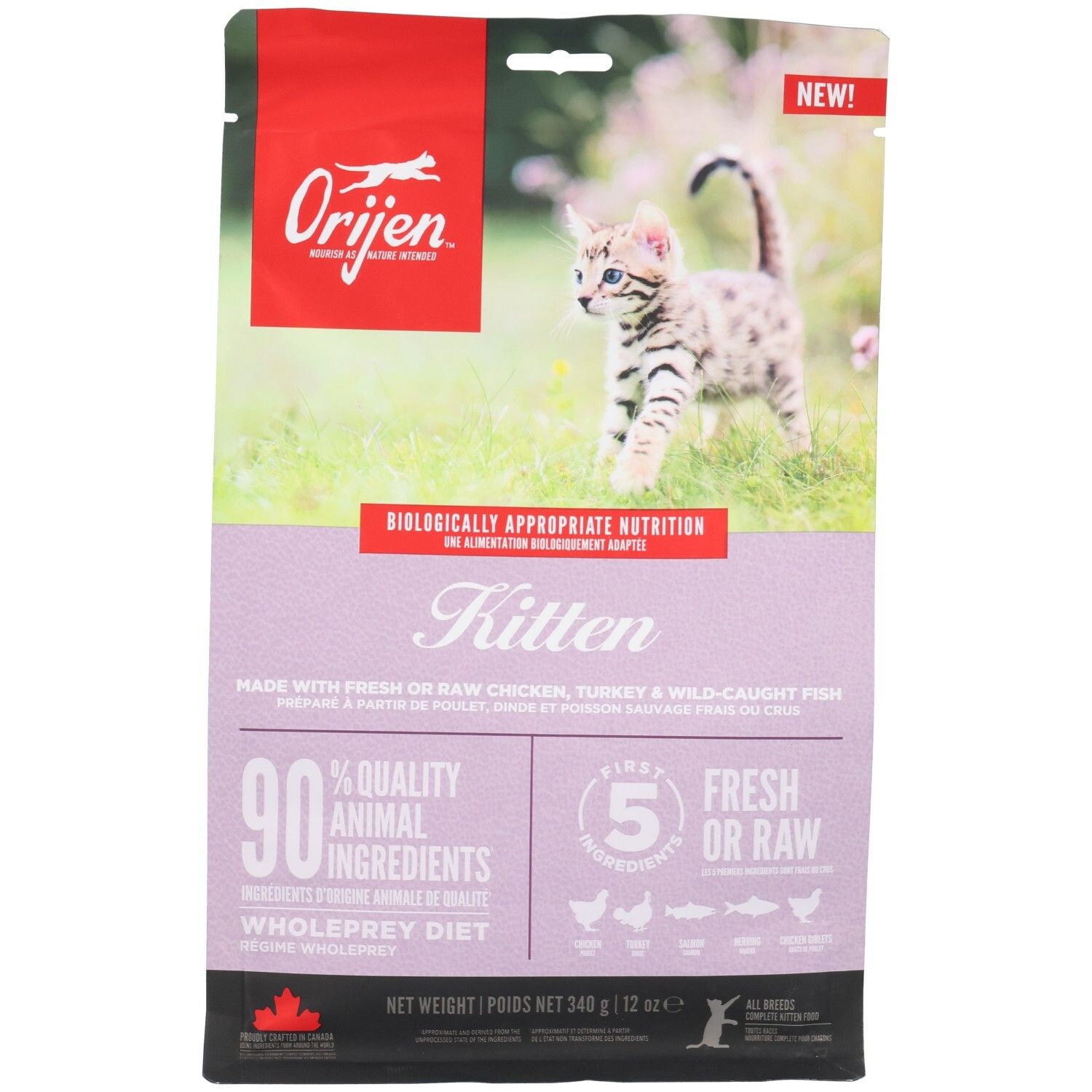 Sac de nourriture pour chat. Logo et nom du produit. Image d'un chaton. Texte : Kitten, 90% ingrédients animaux, 5 ingrédients frais. Poids net 340g.