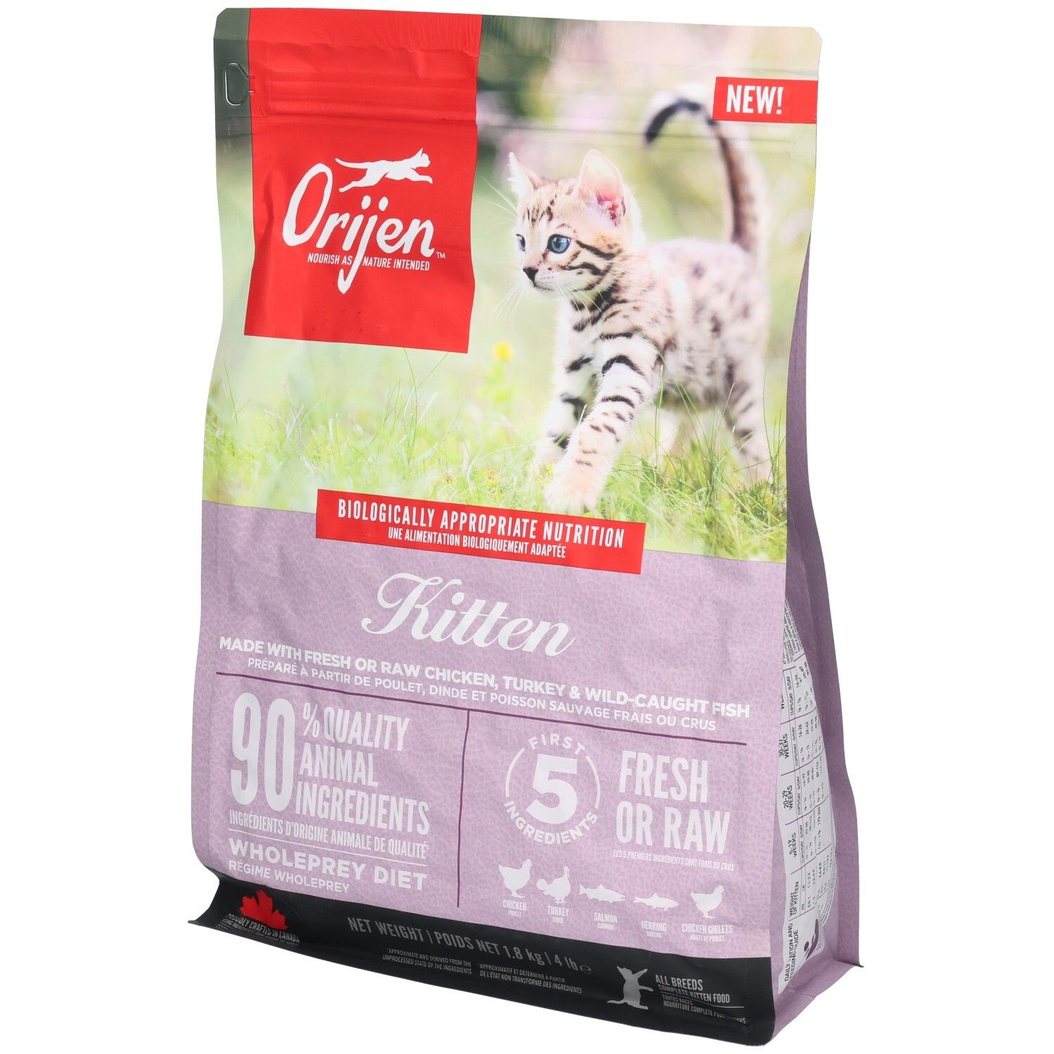 Orijen Kitten nourriture: sac de 1,8 kg avec image d'un chaton et mention '90% Quality Animal Ingredients'.