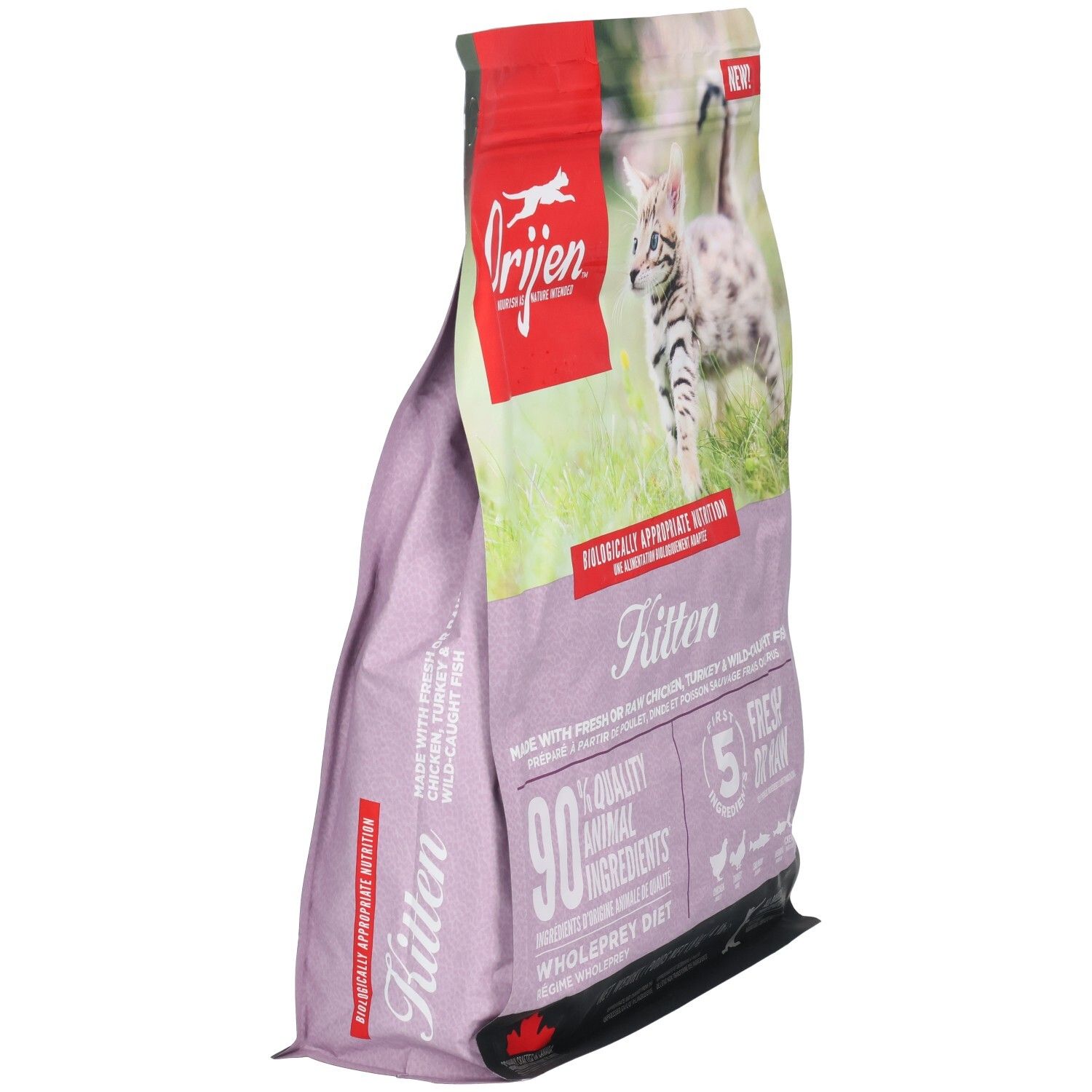 Orijen Kitten nourriture: arrière d'un sac de 1,8 kg avec liste d'ingrédients et informations nutritionnelles.
