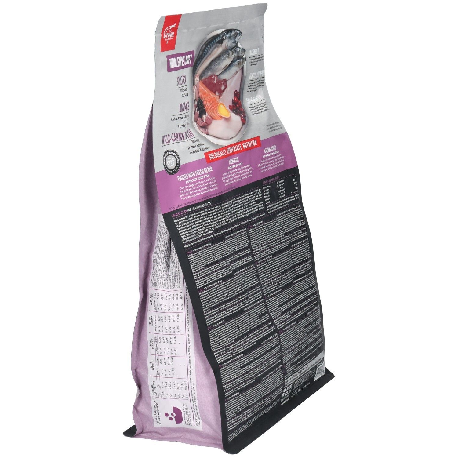 Orijen Kitten nourriture: vue latérale d'un sac de 1,8 kg mettant en avant la 'WholePrey Diet' et les ingrédients frais.
