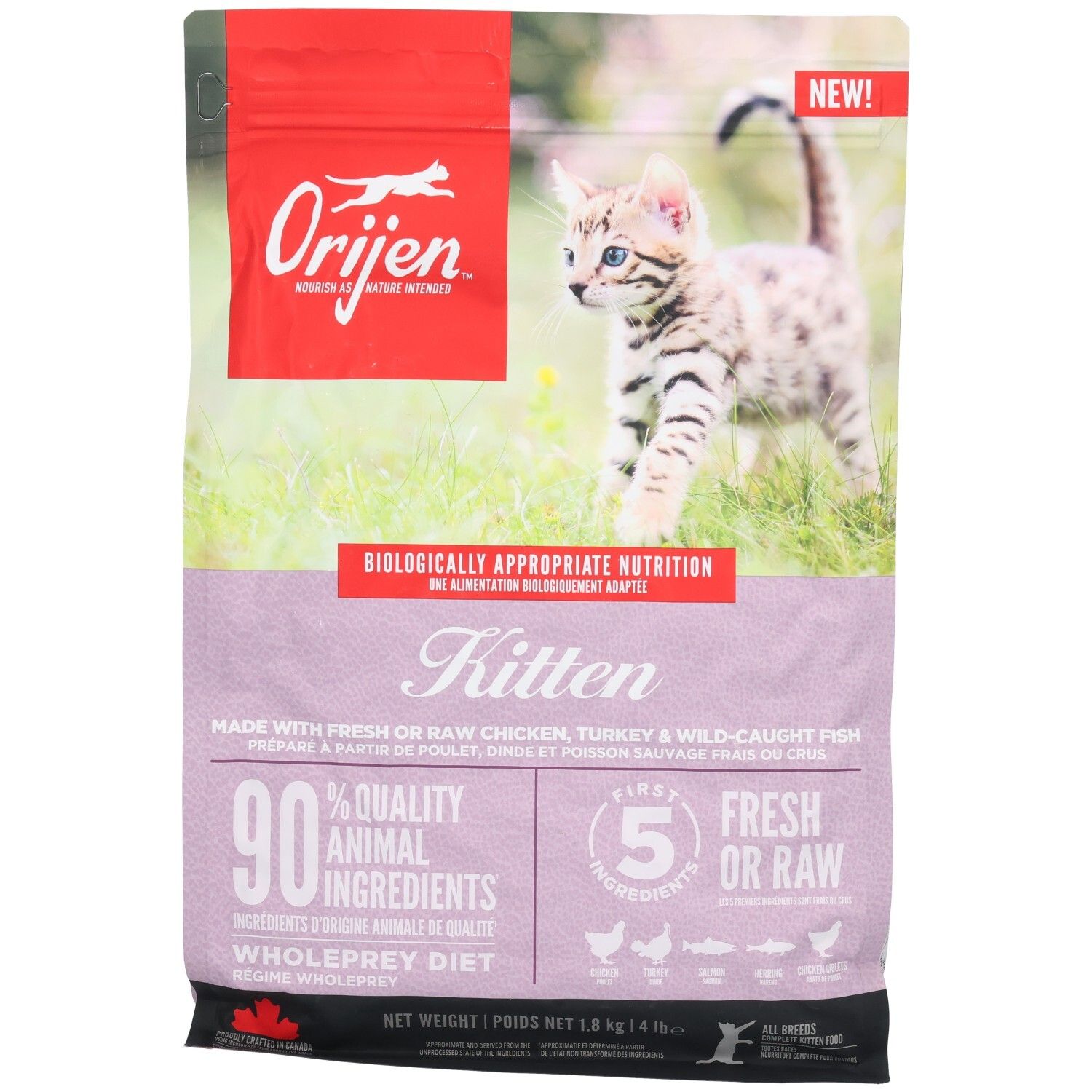 Orijen Kitten nourriture: avant d'un sac de 1,8 kg avec motif de chaton et 'Biologically Appropriate Nutrition'.