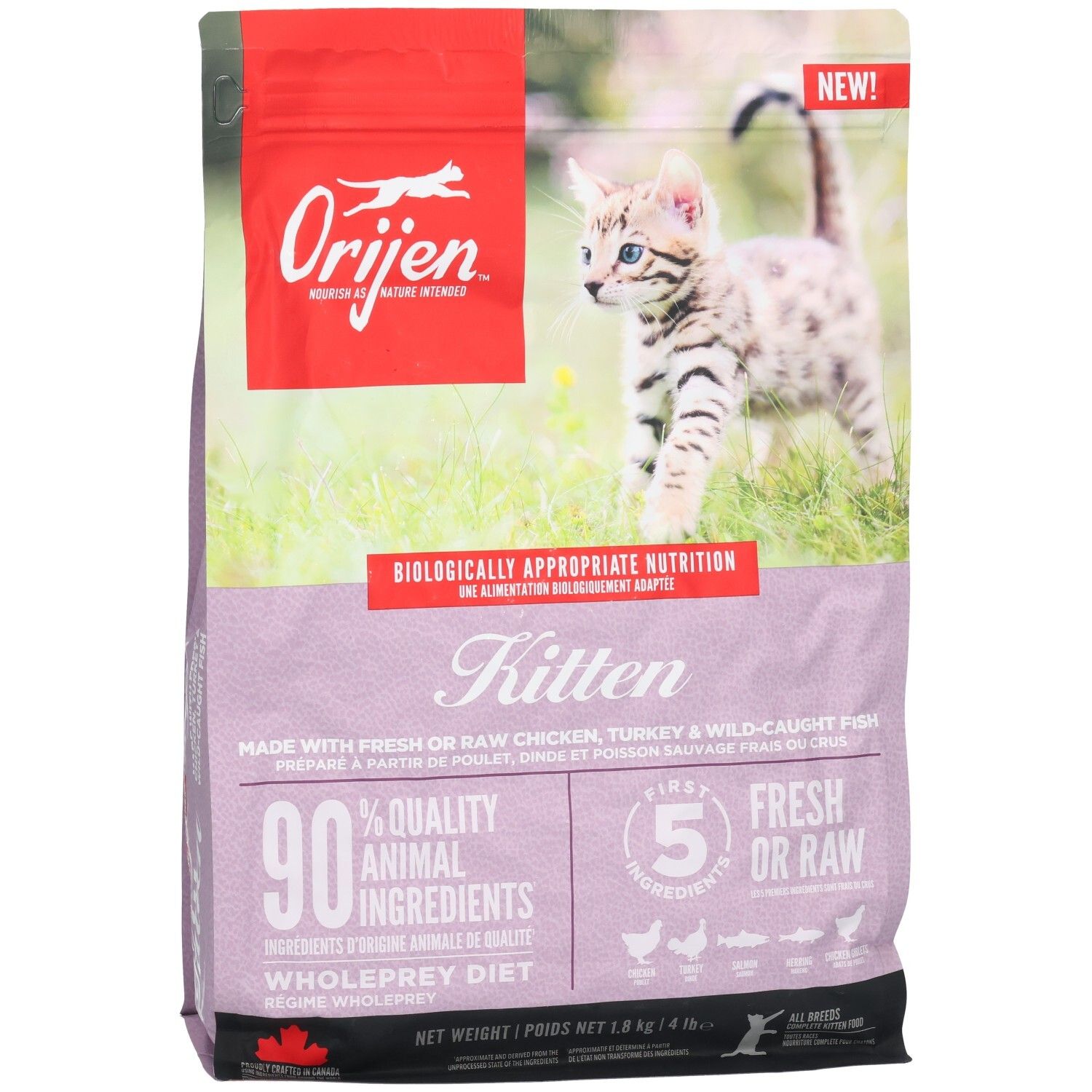 Orijen Kitten nourriture: sac de 1,8 kg avec image de chaton, 'Biologically Appropriate Nutrition' et '90% Quality Animal Ingredients'.