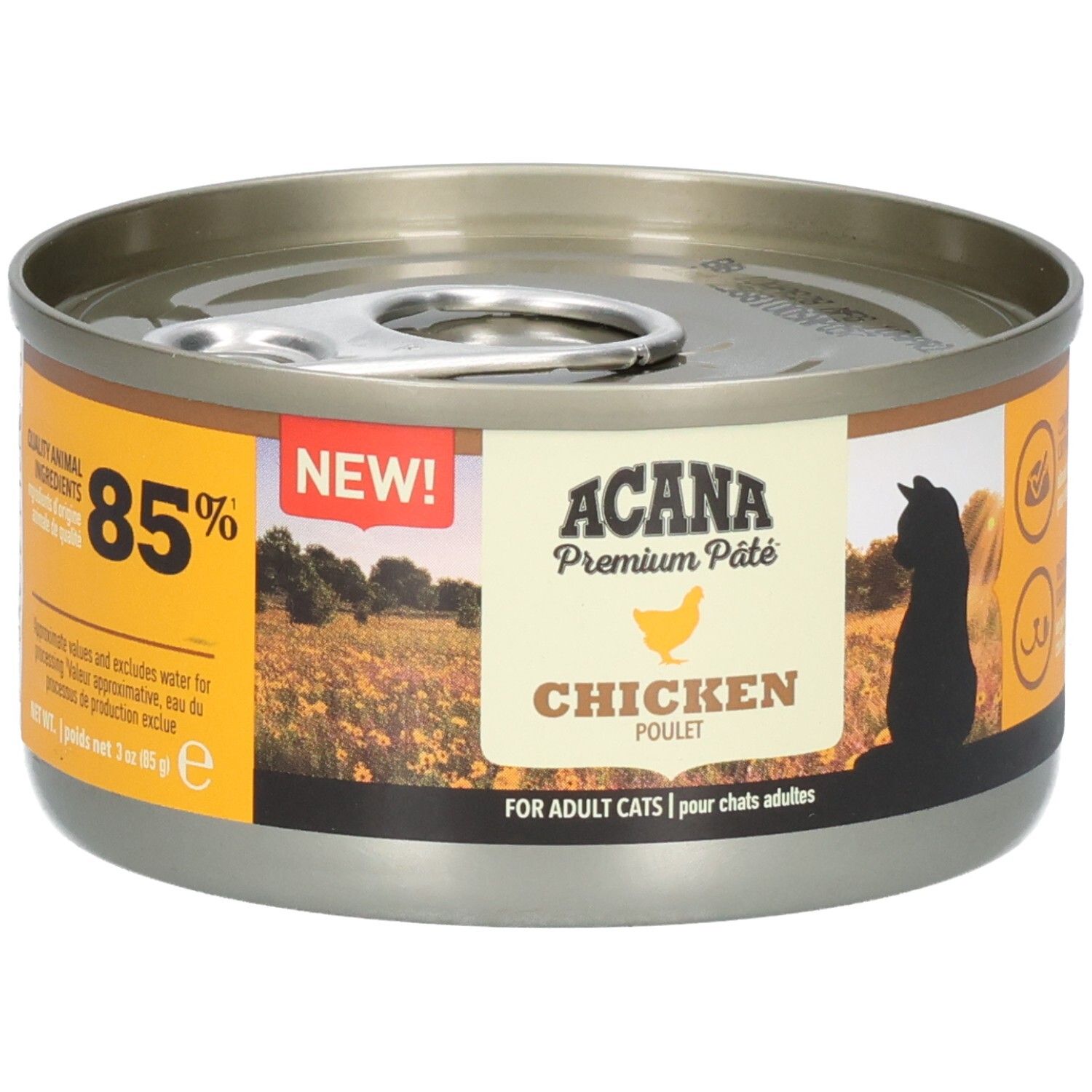 Boîte ronde ACANA Premium Pâté Chicken. Inscriptions : 85%, NEW! et Chicken. Pour chats adultes.