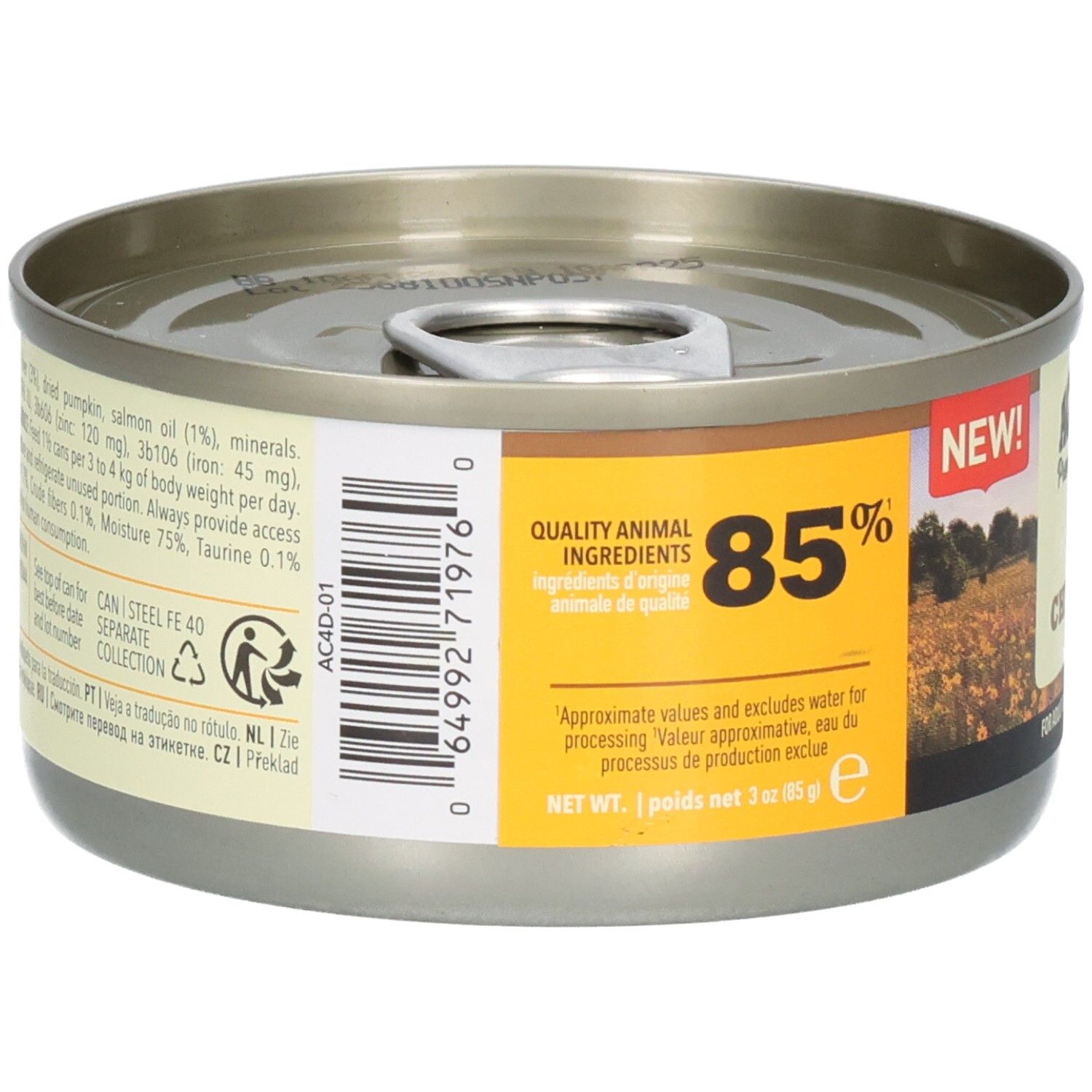 Boîte ronde ACANA Premium Pâté Chicken. Inscriptions : 85% et Quality Animal Ingredients. Code-barres au dos.
