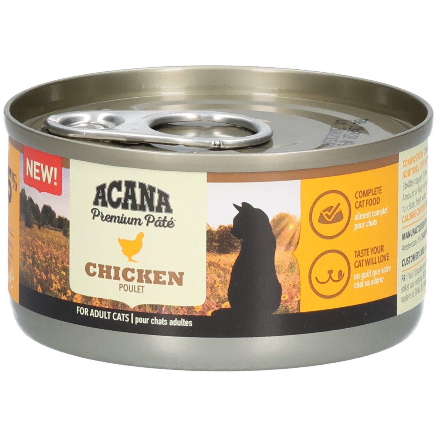 Boîte ronde ACANA Premium Pâté Chicken. Inscriptions : NEW! et Chicken. Avec logo et silhouette de chat.