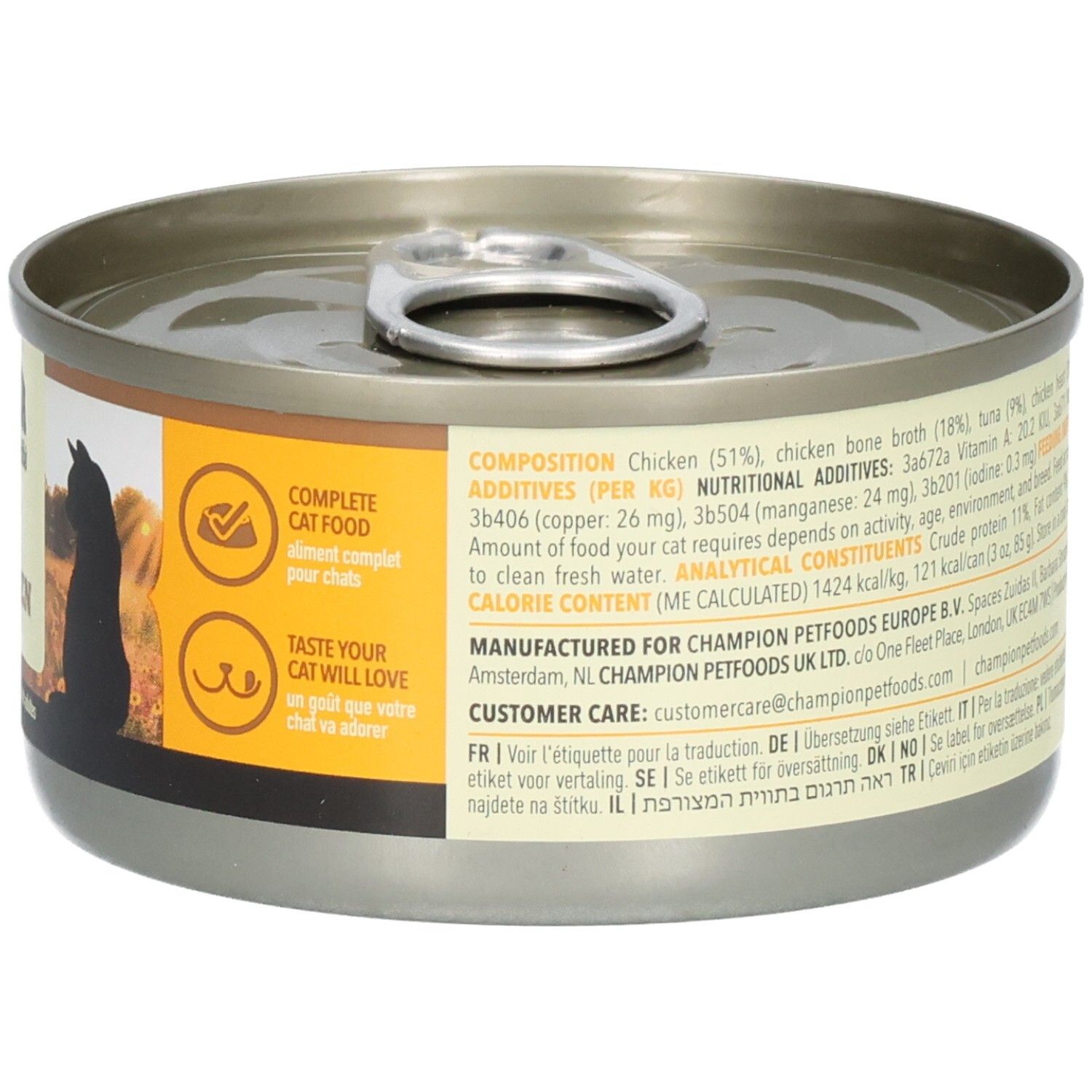 Boîte ronde ACANA Premium Pâté Chicken. Ingrédients et informations du fabricant au dos.