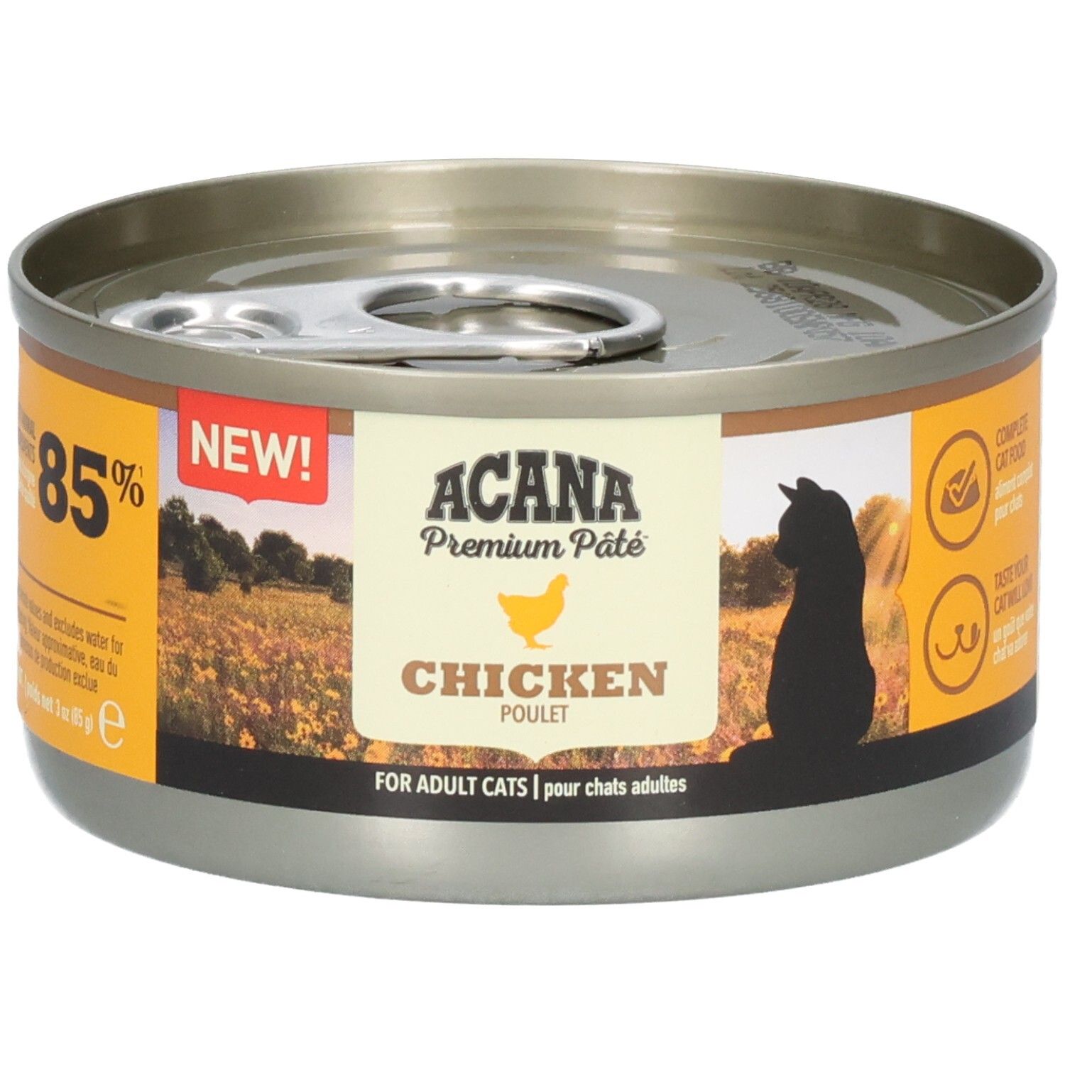 Boîte ronde ACANA Premium Pâté Chicken. Inscriptions : 85%, NEW! et Chicken. Avec logo et silhouette de chat.