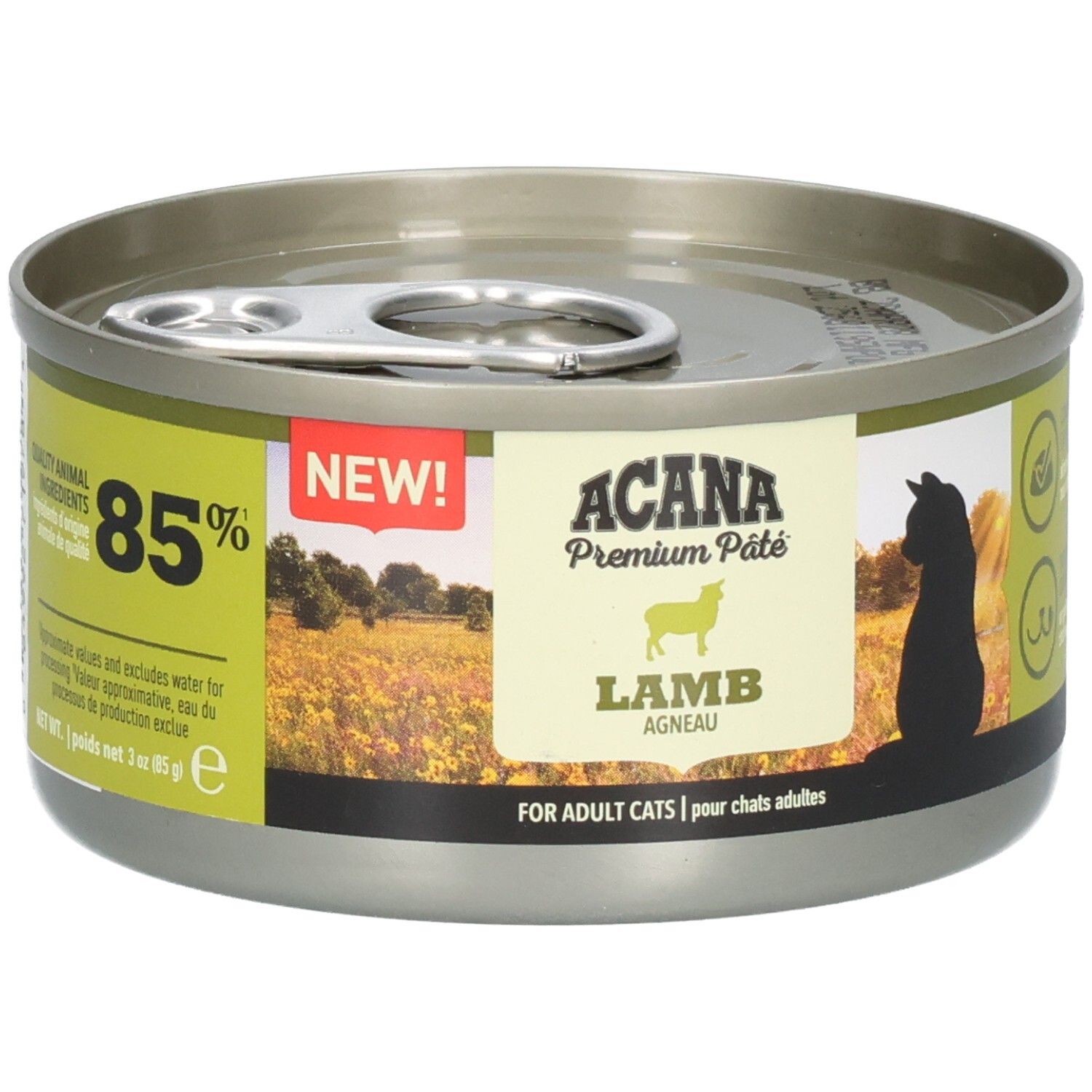 Boîte ronde ACANA Premium Pâté, agneau. Étiquette verte et blanche, 85%. "NEW!" et logo.