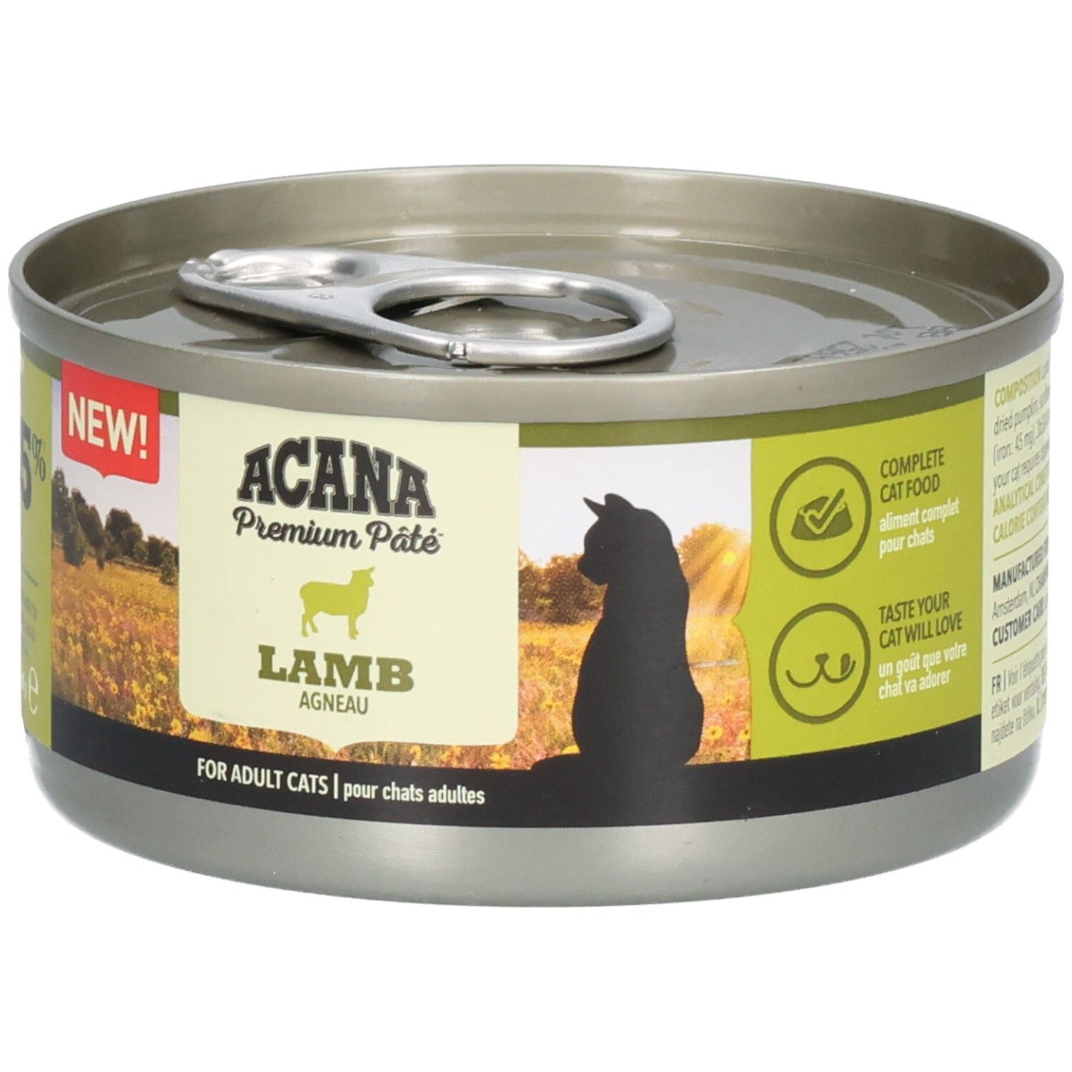 Boîte ronde ACANA Premium Pâté, agneau. Étiquette verte et blanche, "NEW!" et logo.