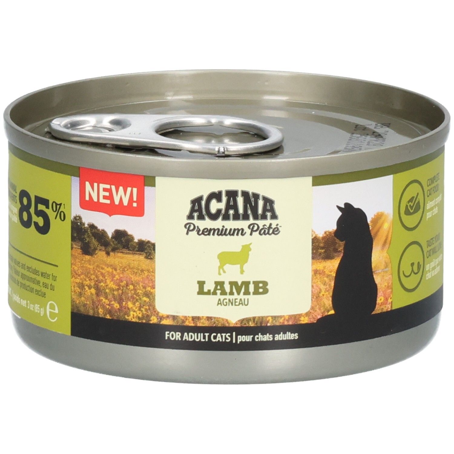 Boîte ronde ACANA Premium Pâté, agneau. Étiquette verte et blanche, 85% et logo.