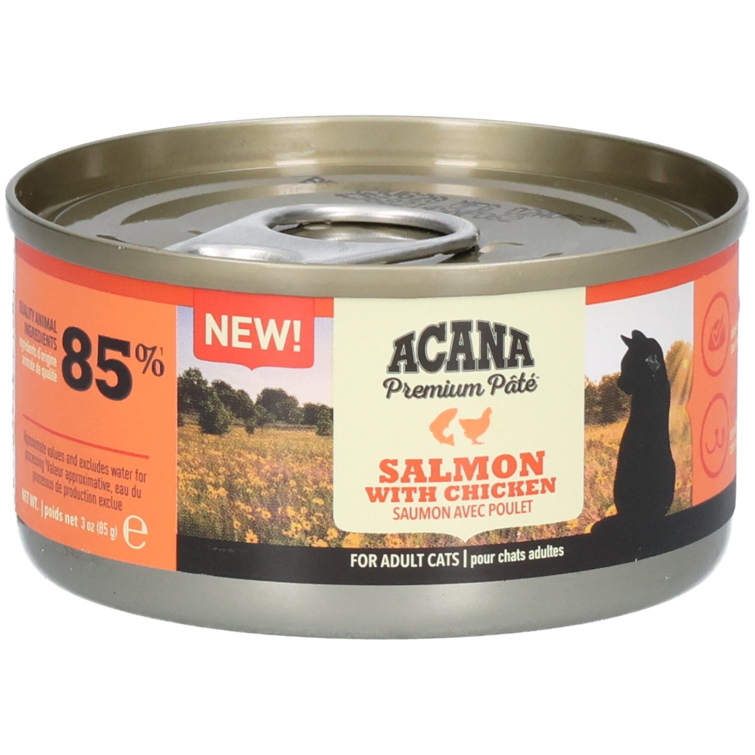 Boîte ronde ACANA Premium Pâté Saumon & Poulet. Étiquettes orange avec texte et silhouette de chat.