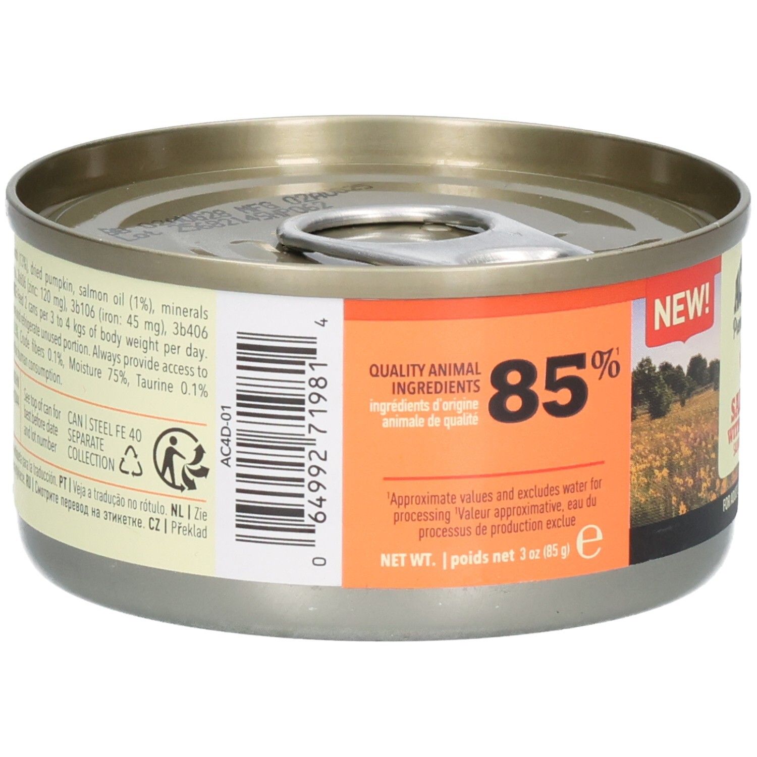 Boîte ronde ACANA Premium Pâté. Étiquette orange avec texte, code-barres et indication 85%.