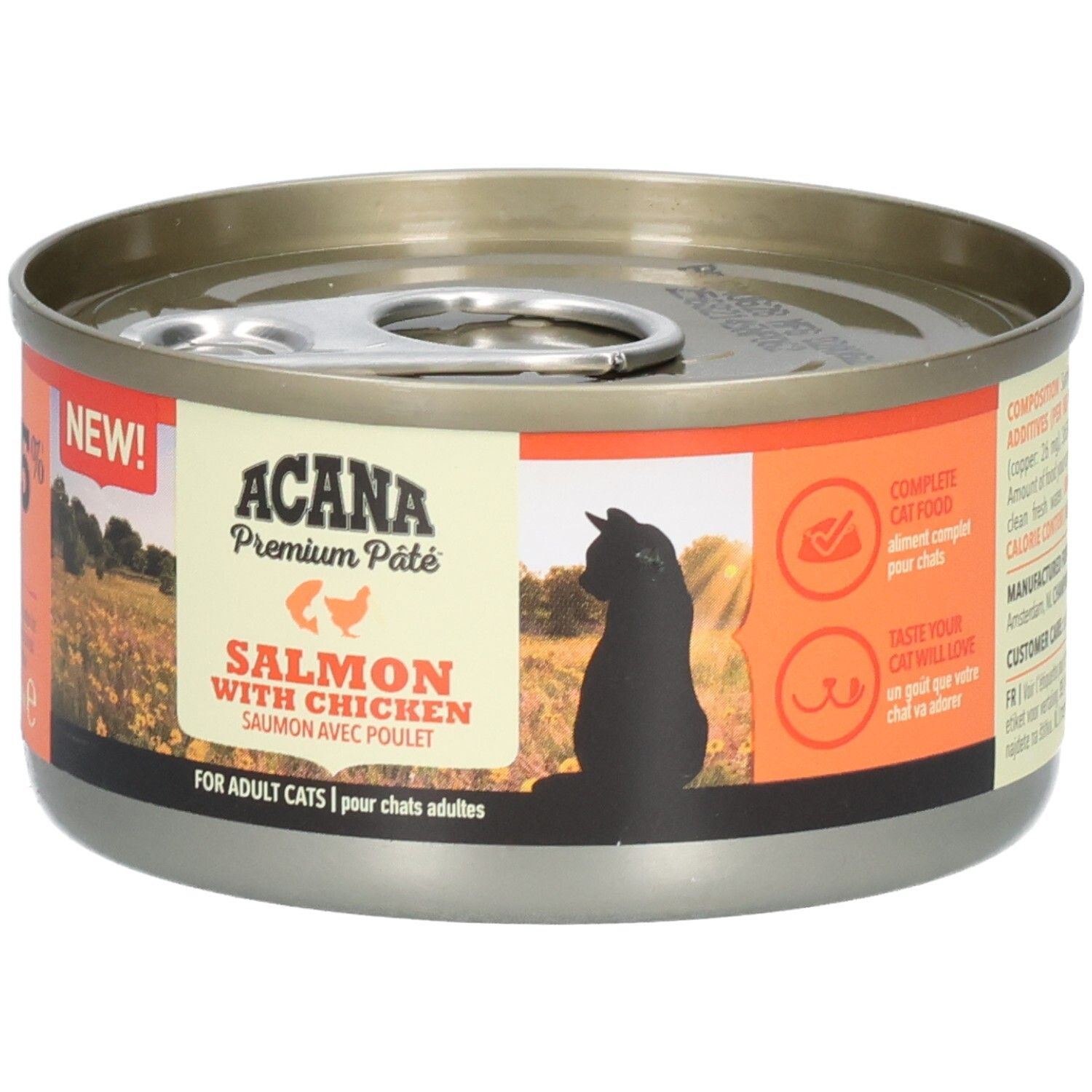 Boîte ronde ACANA Premium Pâté Saumon & Poulet. Étiquettes orange avec texte et silhouette de chat.