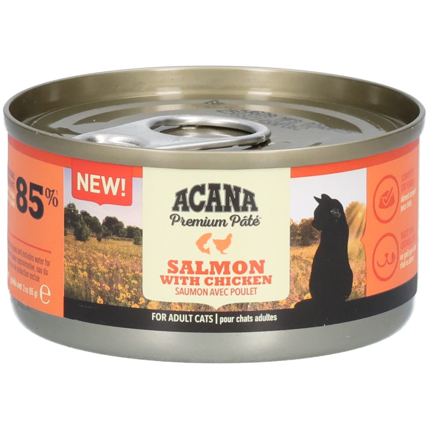 Boîte ronde ACANA Premium Pâté Saumon & Poulet. Étiquettes orange avec texte, 85% et silhouette de chat.