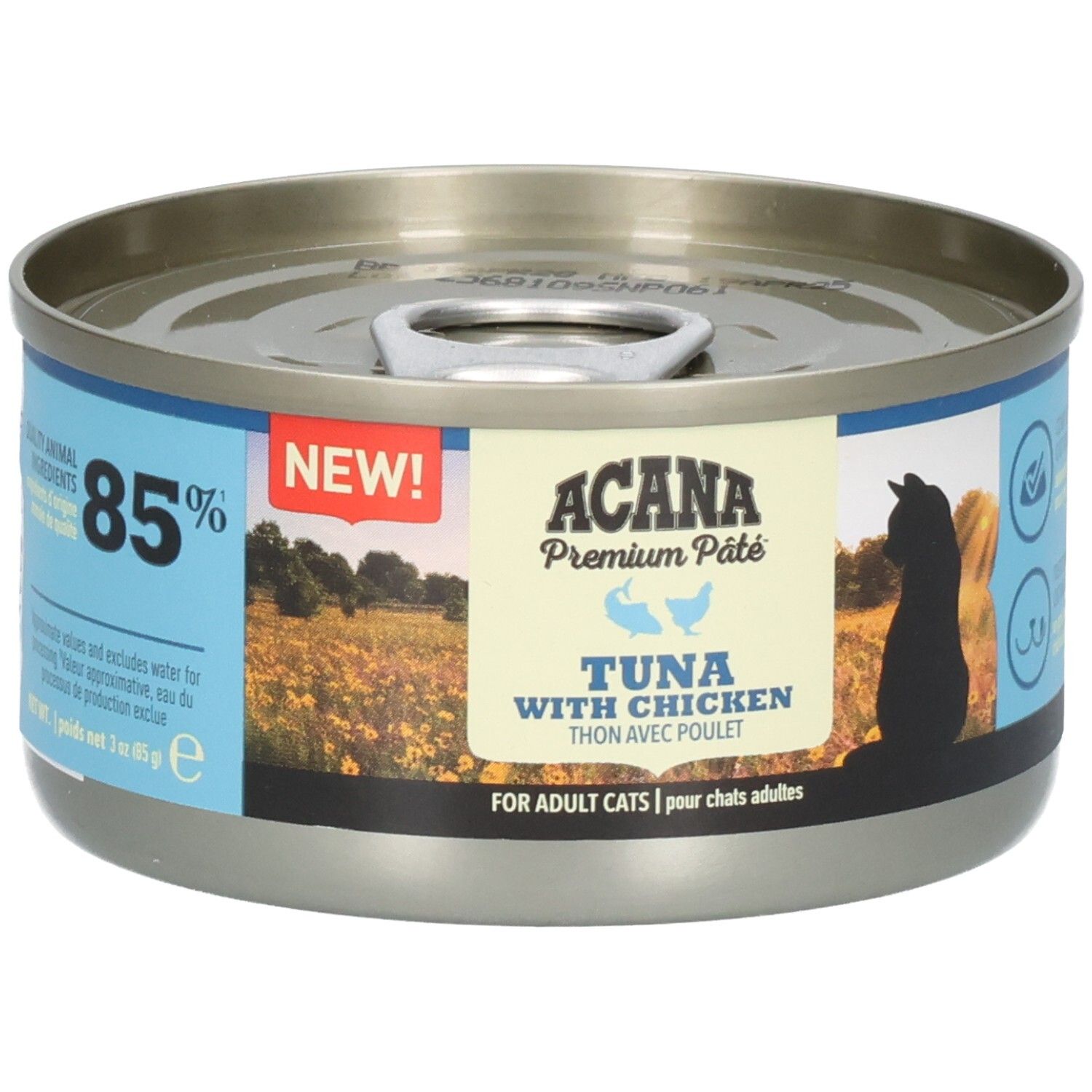 Boîte métallique ACANA Premium Pâté. Inscription: Tuna with Chicken. 85%. Pour chats adultes.
