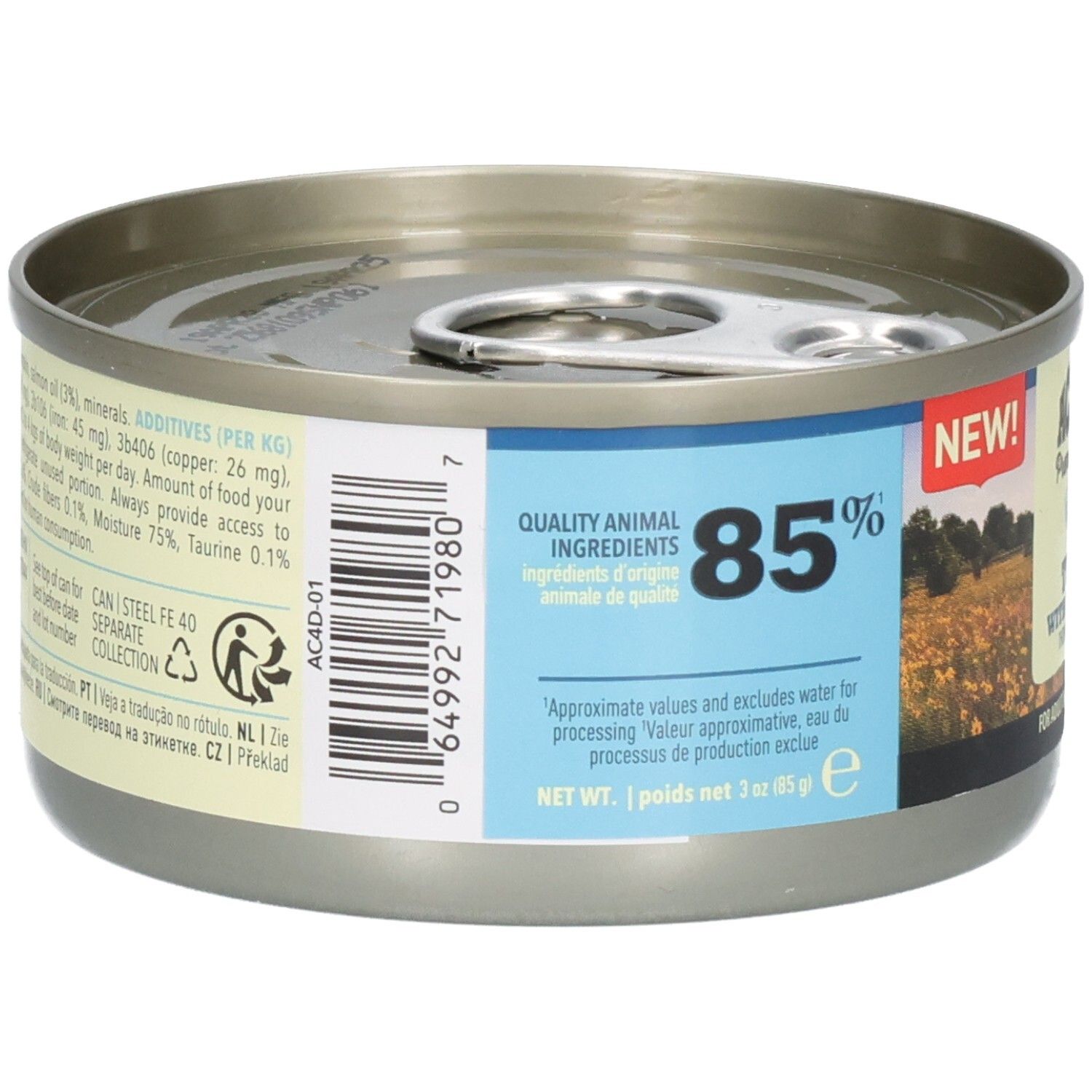 Boîte métallique ACANA Premium Pâté. Inscription: 85%. Ingrédients. Pour nourriture pour chats.