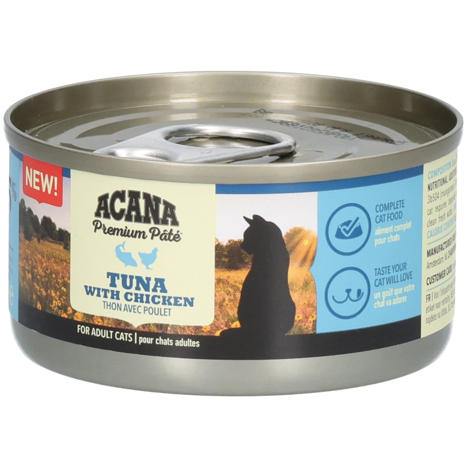 Boîte métallique ACANA Premium Pâté. Inscription: Tuna with Chicken. Pour chats adultes. Silhouette de chat.