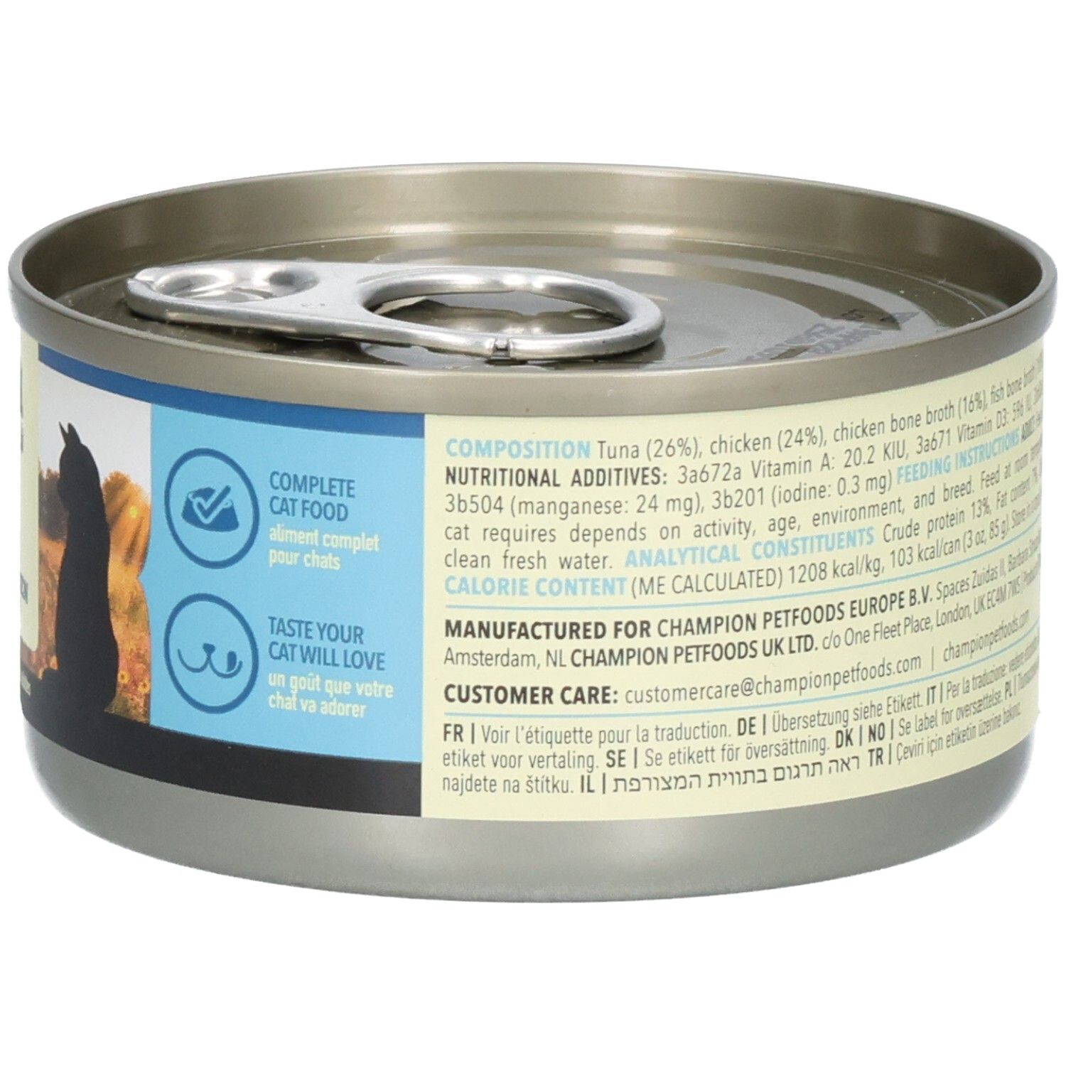 Boîte métallique ACANA Premium Pâté. Inscription: Tuna with Chicken. Pour chats. Informations nutritionnelles.