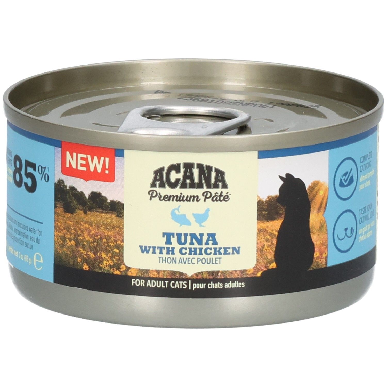Boîte métallique ACANA Premium Pâté. Inscription: Tuna with Chicken. 85%. Pour chats adultes.