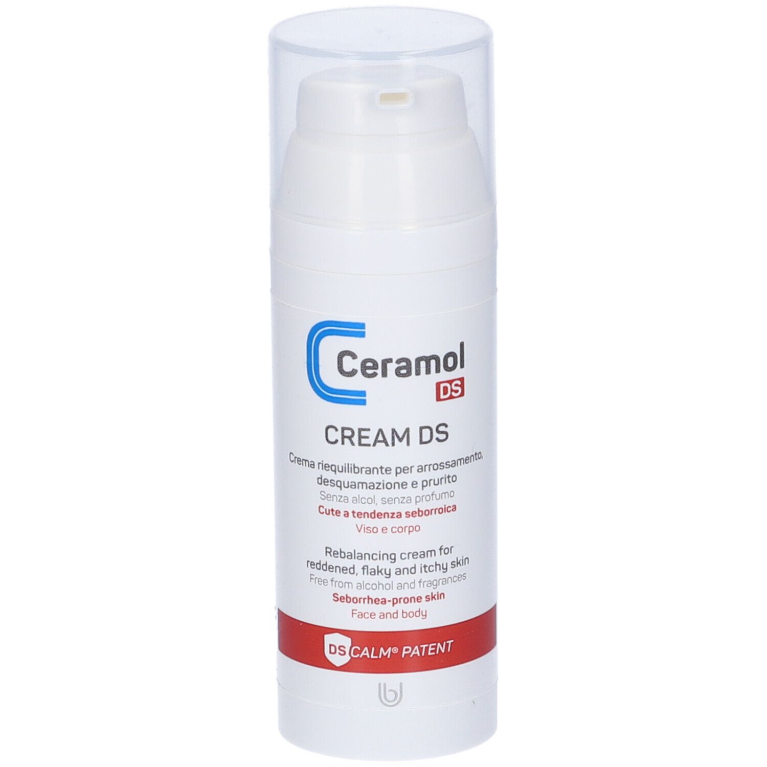 Flacon blanc Ceramol DS. Inscription: CREAM DS, crème rééquilibrante pour peau rouge, squameuse et irritée.