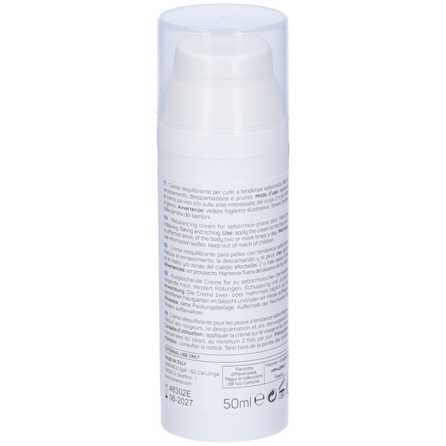 Flacon blanc Ceramol DS. Texte au dos en plusieurs langues. 50ml.
