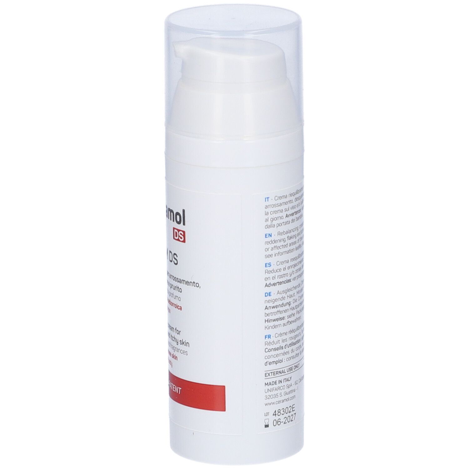 Flacon blanc Ceramol DS. Inscription: CREAM DS, crème rééquilibrante. Côté avec texte.