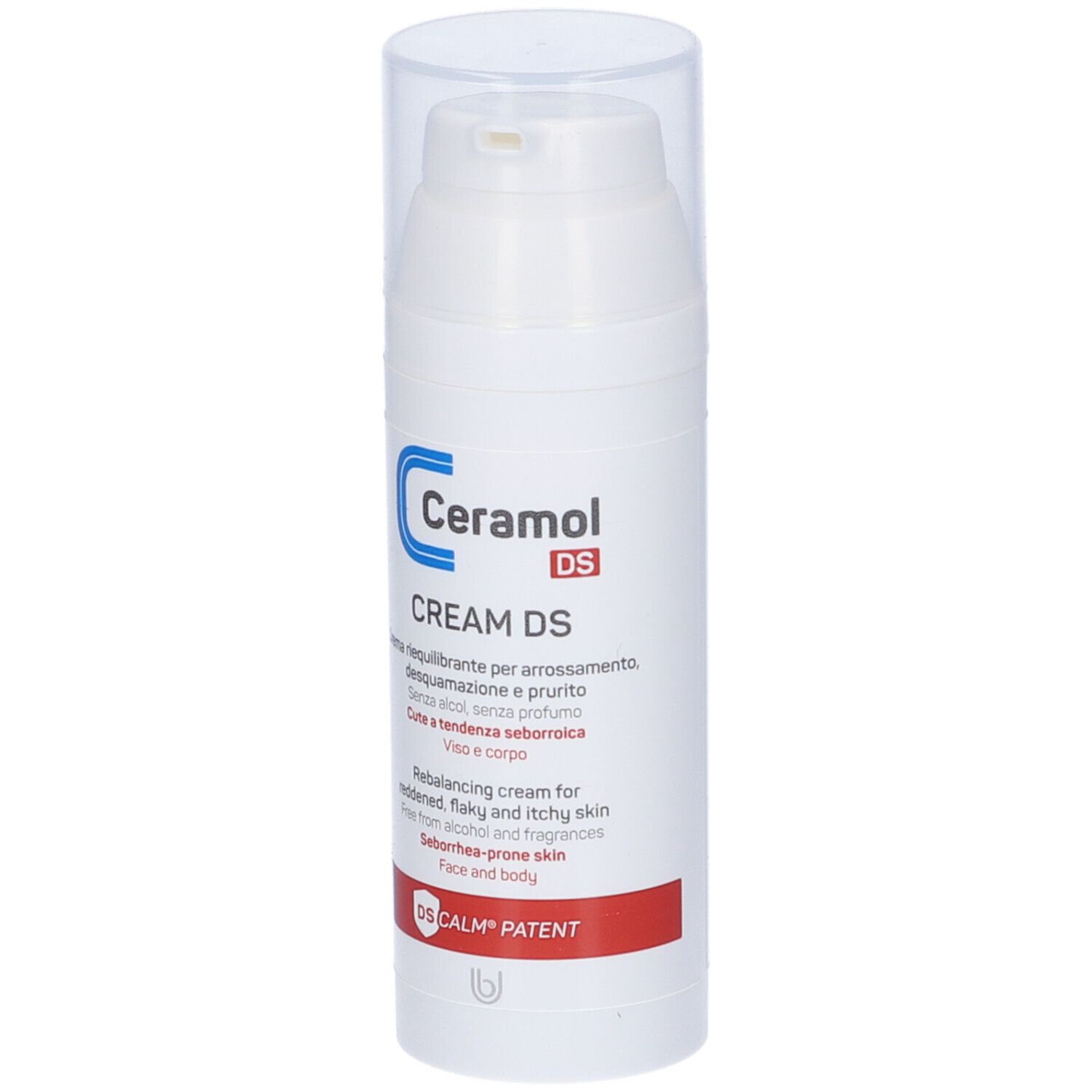 Flacon blanc Ceramol DS. Inscription: CREAM DS, crème rééquilibrante pour peau rouge, squameuse et irritée.