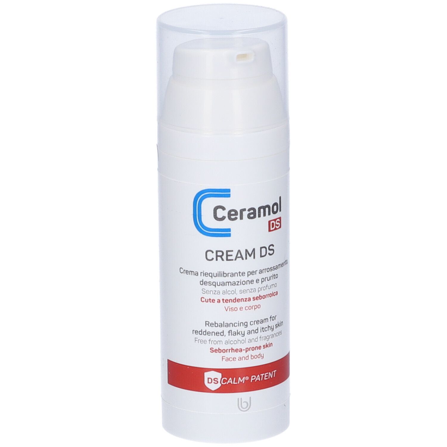 Flacon blanc Ceramol DS. Inscription: CREAM DS, crème rééquilibrante pour peau rouge, squameuse et irritée.