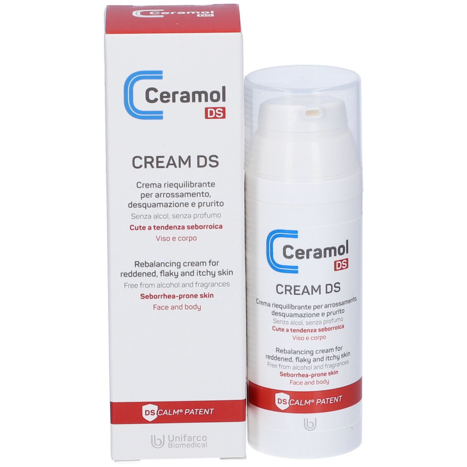 Crème Ceramol DS et emballage. Inscription: CREAM DS, crème rééquilibrante pour peau rouge, squameuse et irritée.