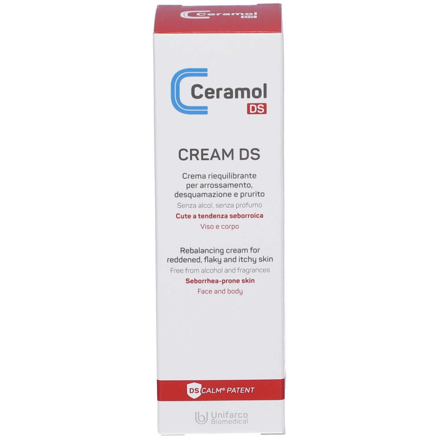 Emballage de la crème Ceramol DS. Inscription: CREAM DS, crème rééquilibrante pour peau rouge, squameuse et irritée.