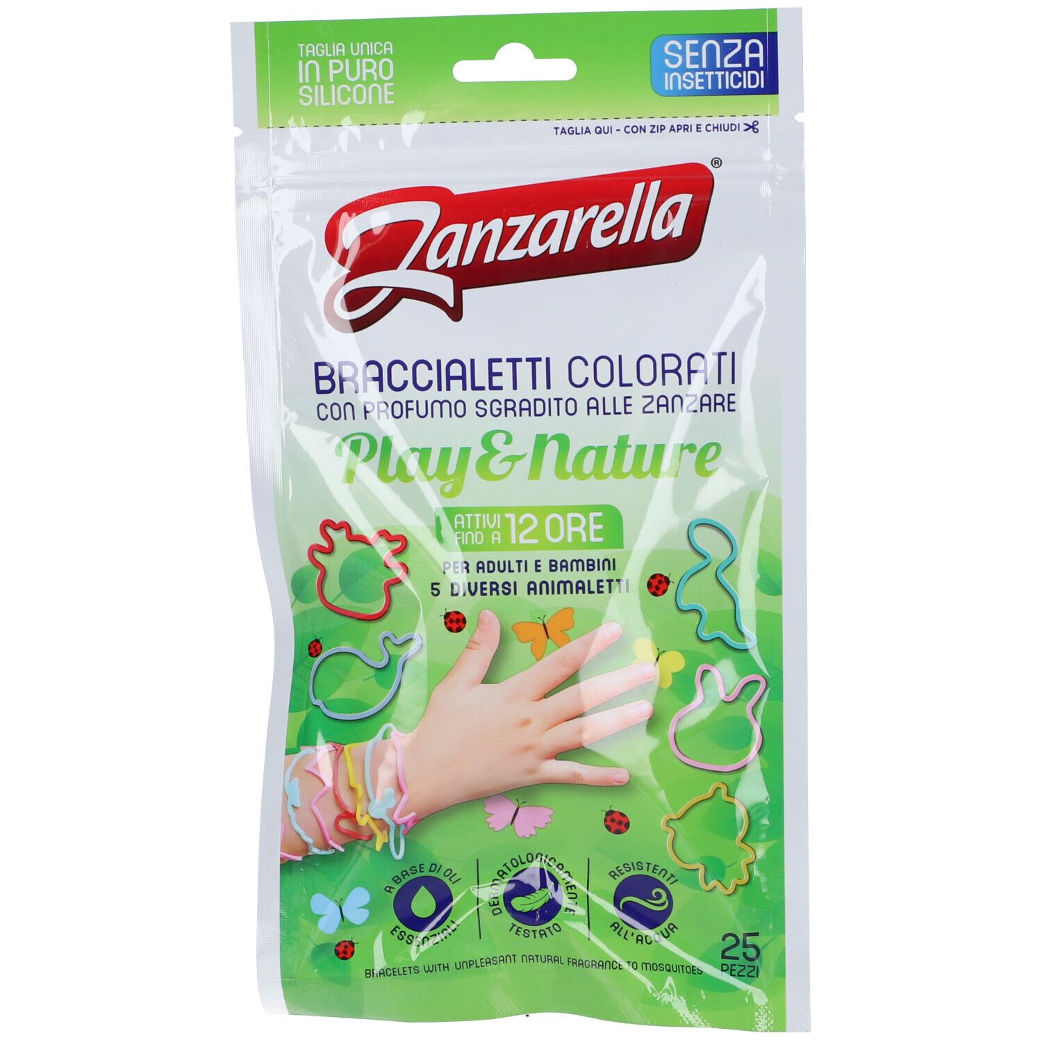 Sachet transparent avec bracelets colorés. Inscription "Zanzarella", "Play&Nature", 25 pièces. Contient du silicone.