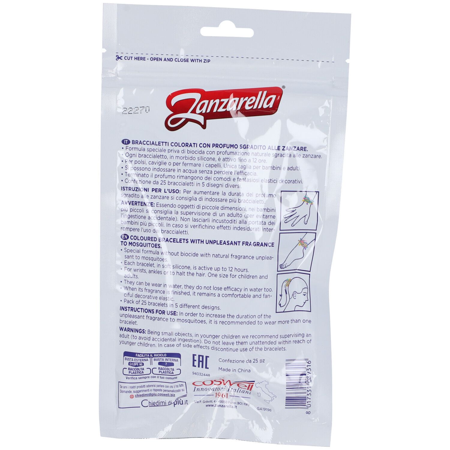 Dos du sachet avec texte et illustrations. Informations sur les bracelets et leur utilisation.