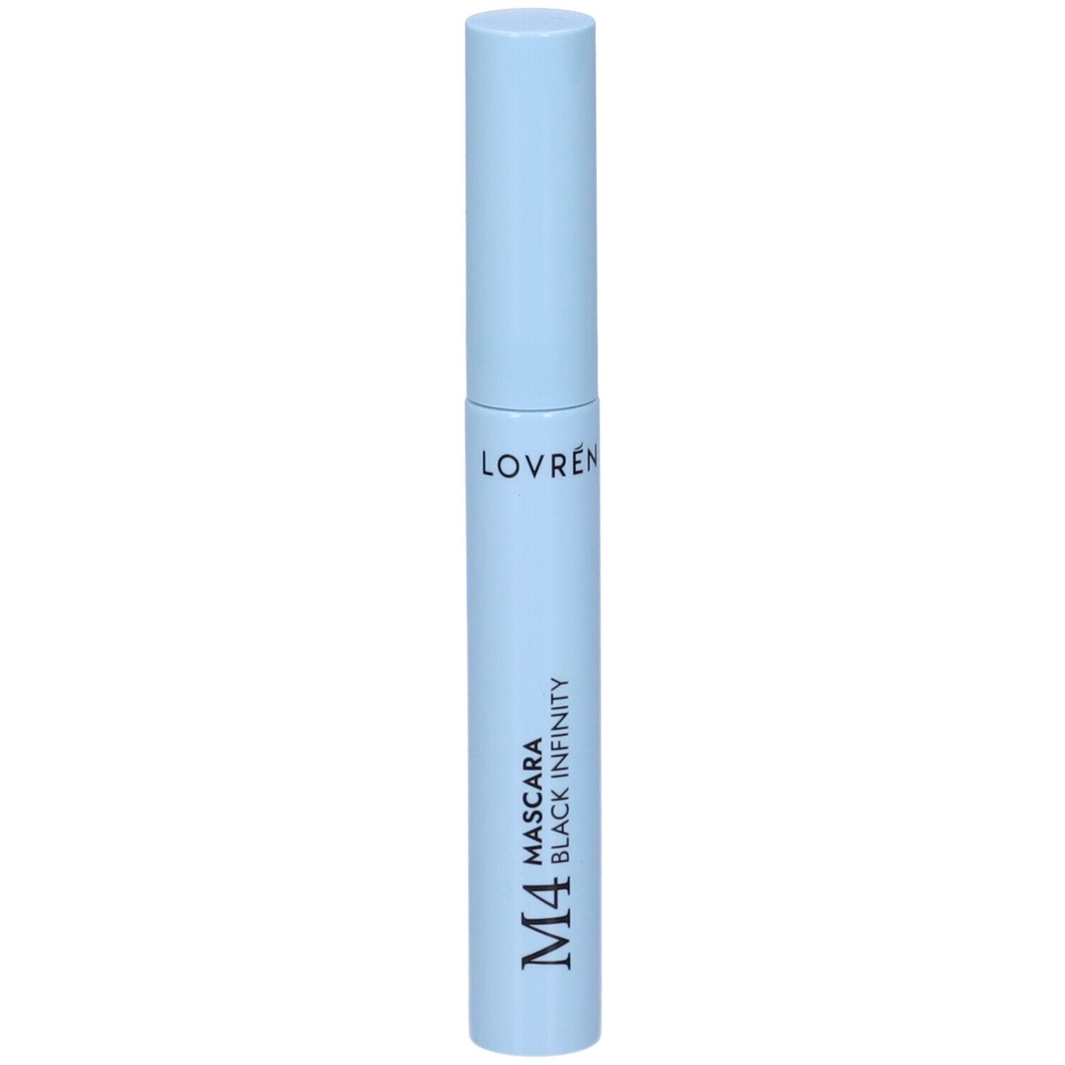 Tube de mascara bleu clair avec texte noir: Lovren M4 Mascara Black Infinity. Forme cylindrique avec bouchon à vis.