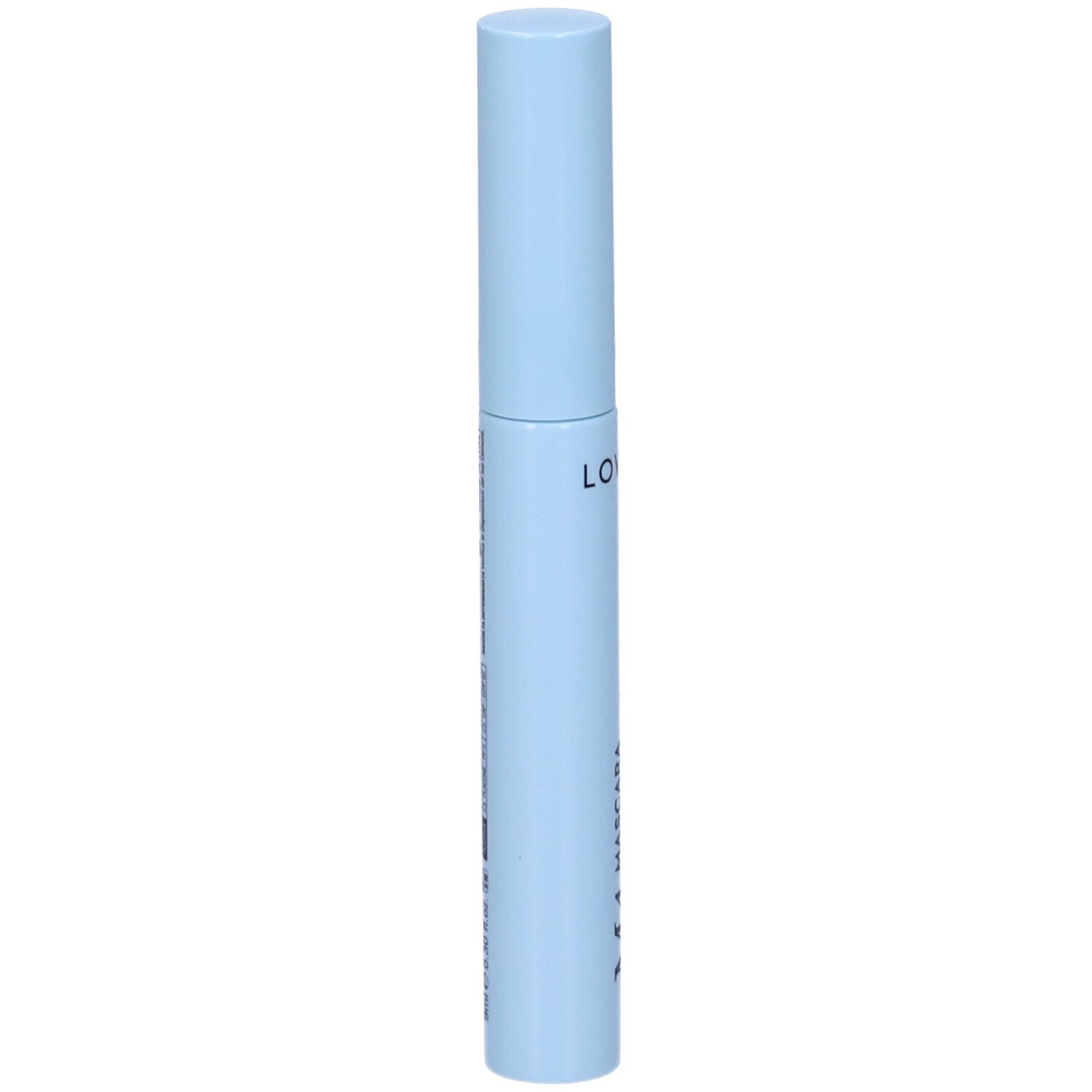 Tube de mascara bleu clair. Inscription: Lovren. Forme cylindrique avec bouchon à vis. Texte au dos.