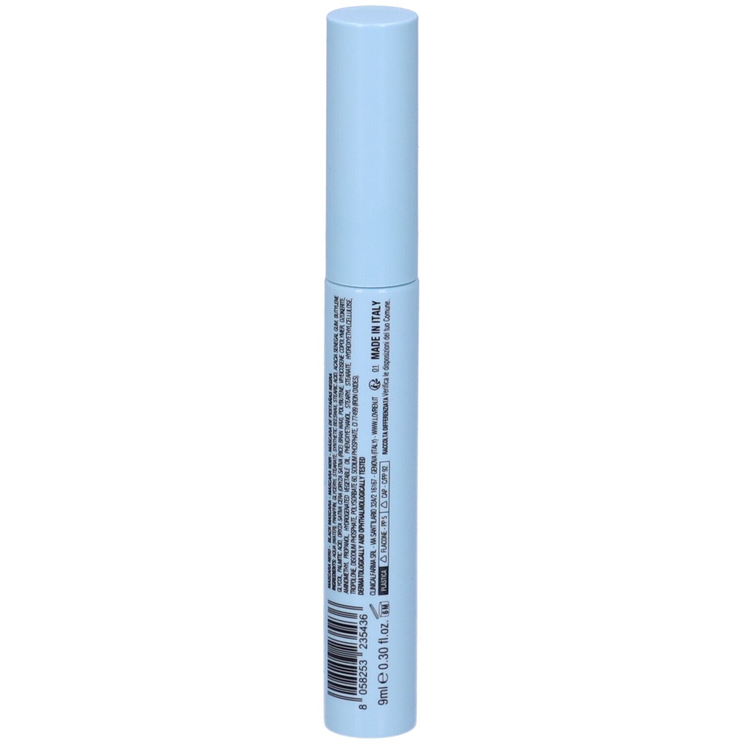 Tube de mascara bleu clair avec texte et code-barres. Inscription: 9ml, 0.30 fl.oz. Fabriqué en Italie. Forme cylindrique.