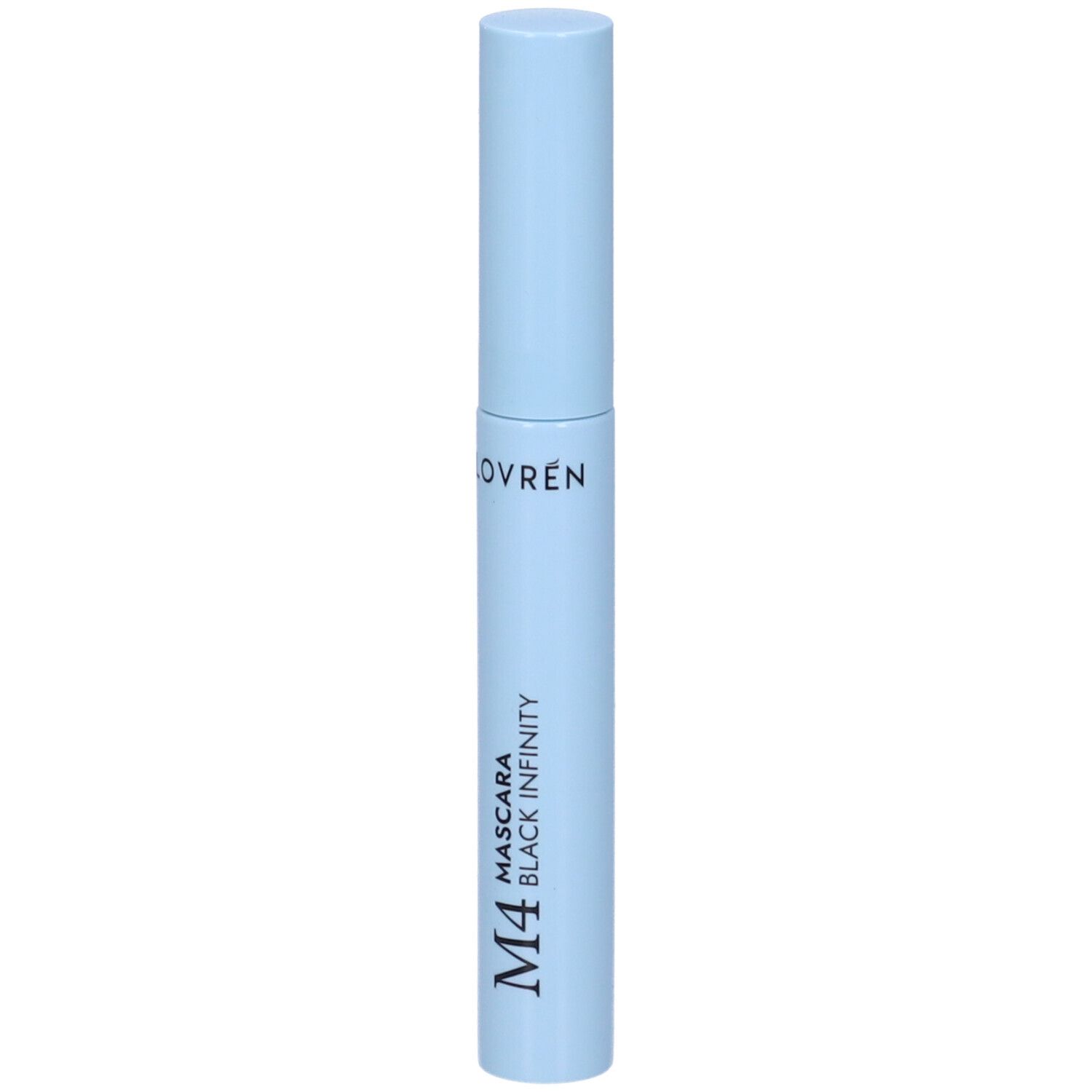 Tube de mascara bleu clair avec texte noir: Lovren M4 Mascara Black Infinity. Forme cylindrique avec bouchon à vis.