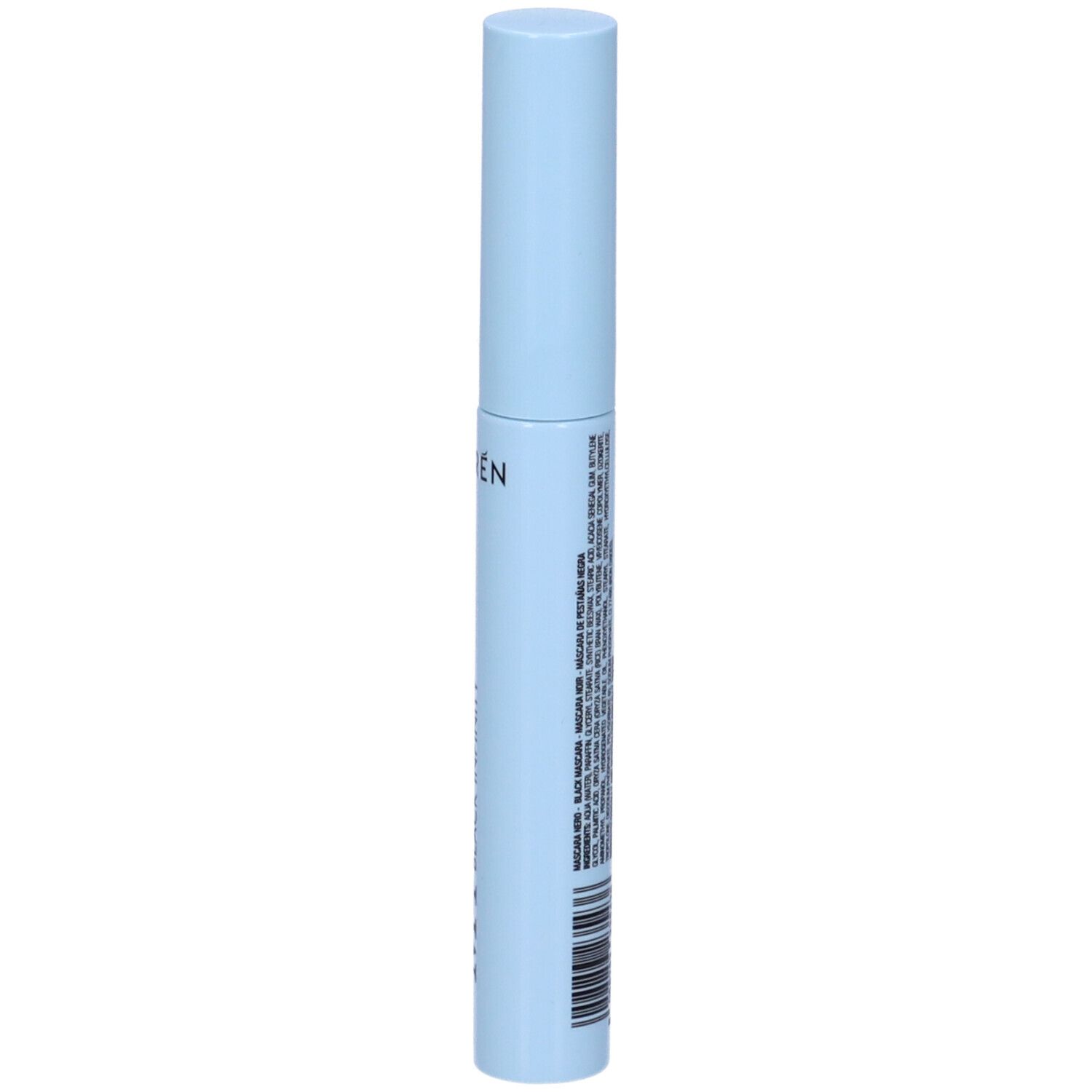 Tube de mascara bleu clair. Inscription: Lovren. Forme cylindrique avec bouchon à vis. Texte au dos.