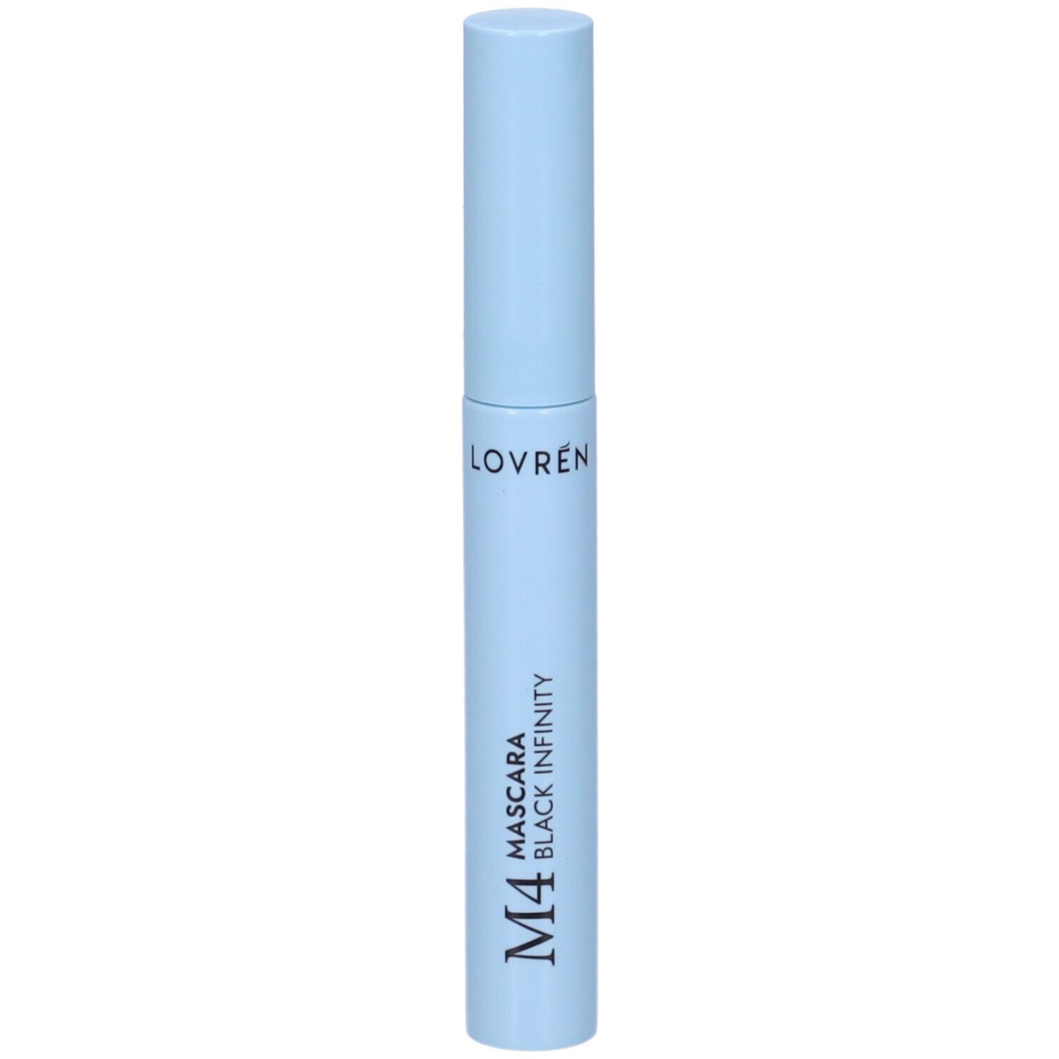 Tube de mascara bleu clair avec texte noir: Lovren M4 Mascara Black Infinity. Forme cylindrique avec bouchon à vis.
