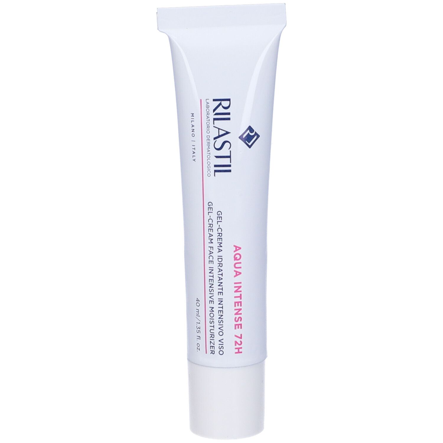 Tube blanche Rilastil Aqua Intense 72H Gel-Crème. Texte et logo noirs et roses. 40 ml.