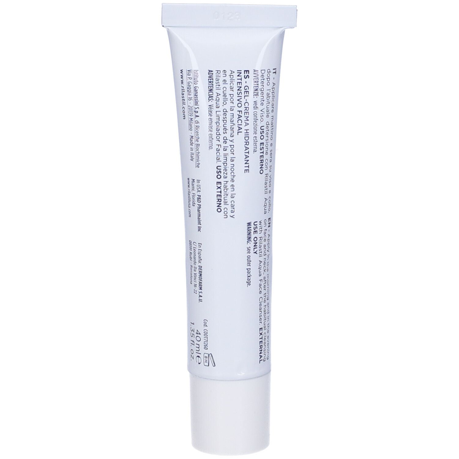 Dos du tube blanc. Texte en plusieurs langues. 40 ml.