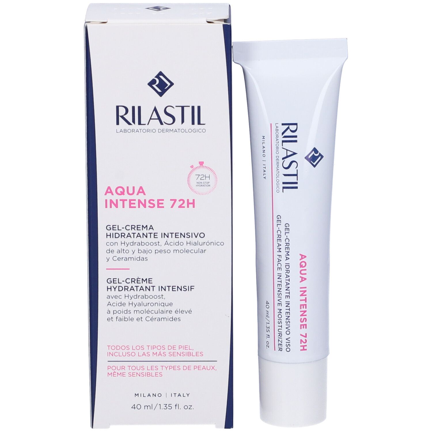 Rilastil Aqua Intense 72H Gel-Crème et emballage. Tube et boîte blancs. Texte multilingue.