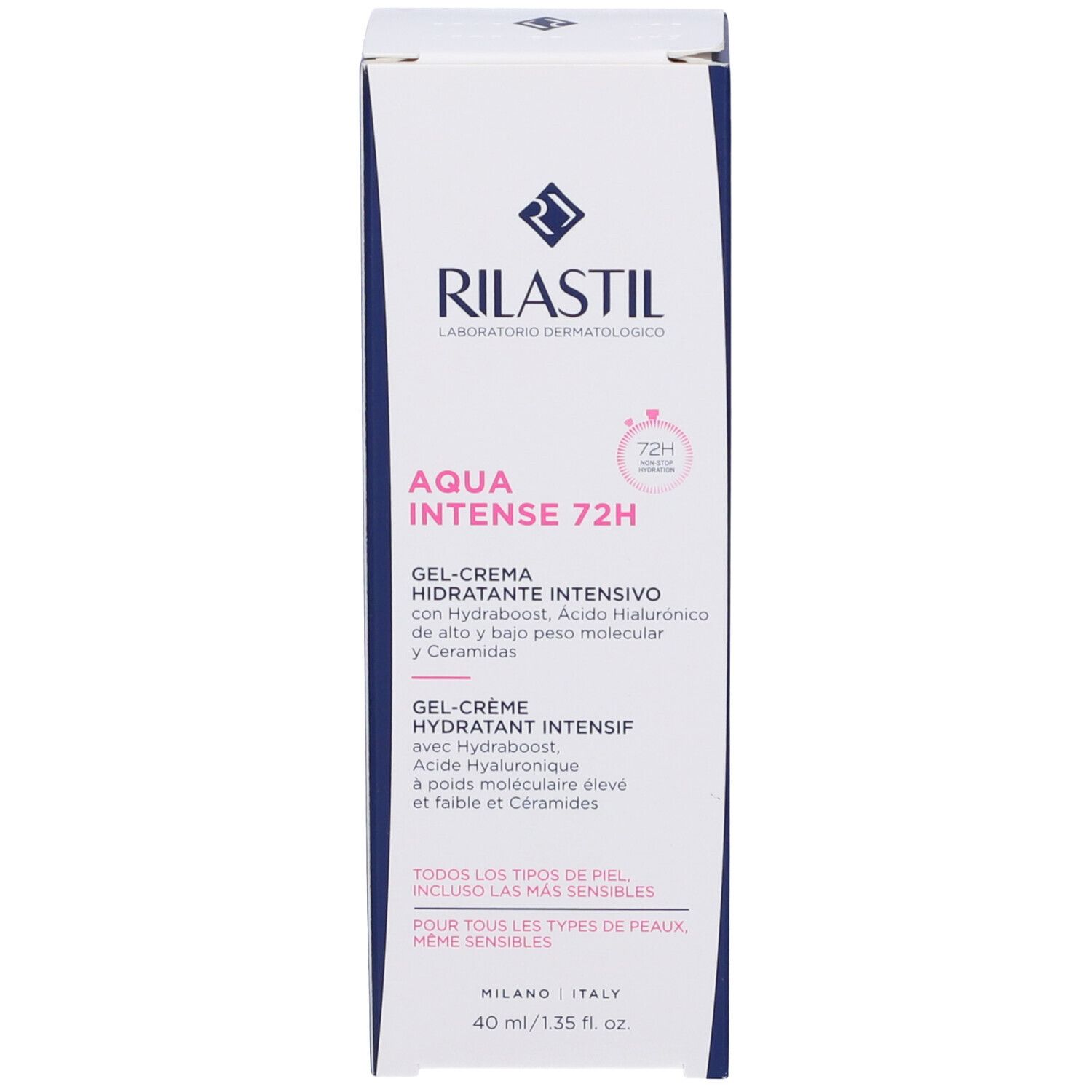 Boîte blanche Rilastil Aqua Intense 72H Gel-Crème. Texte multilingue. 40 ml.