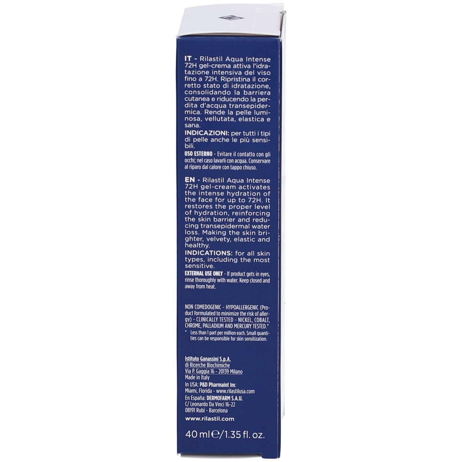 Dos de la boîte blanche. Texte en plusieurs langues. 40 ml.