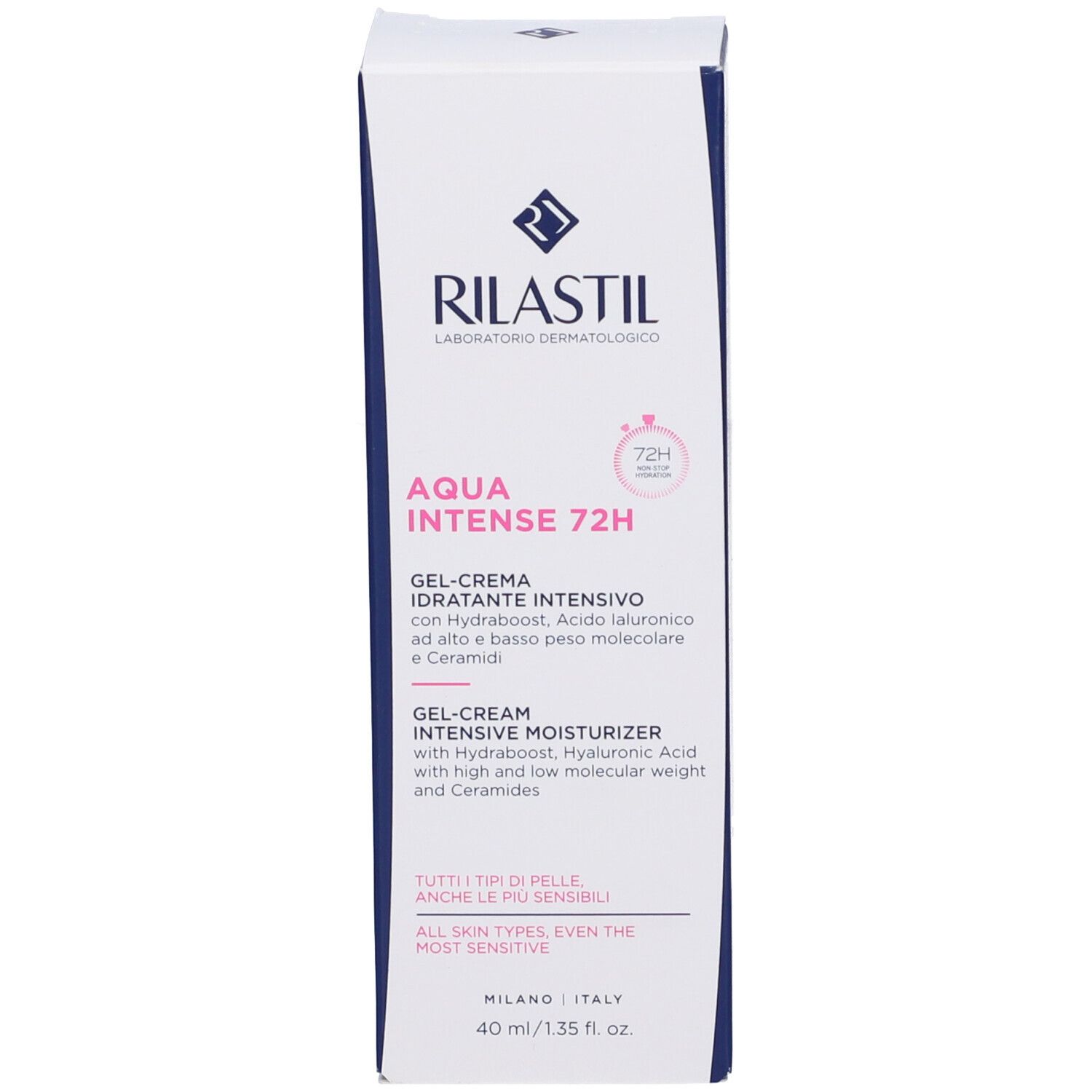 Face avant de la boîte blanche. Texte multilingue. 40 ml.