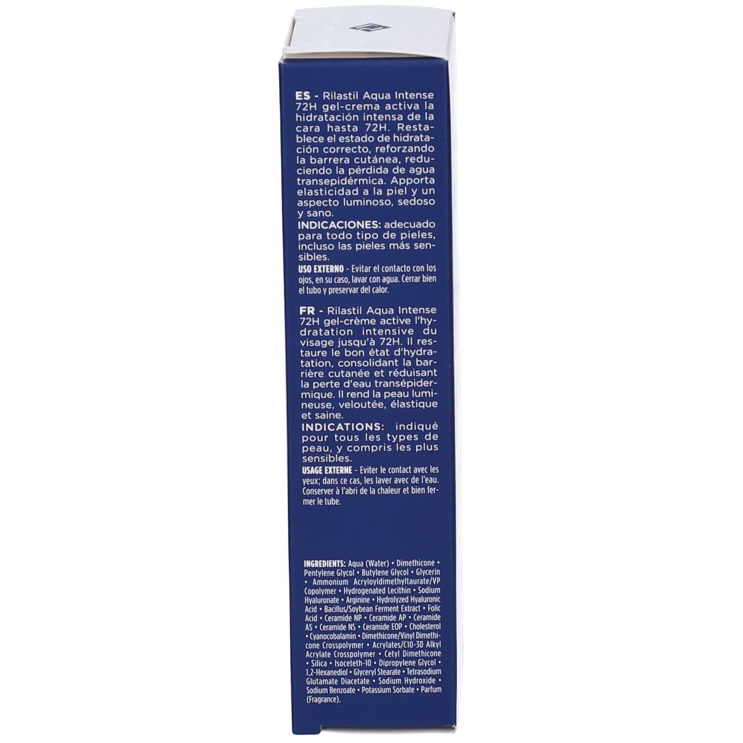 Tube blanc Rilastil Aqua Intense 72H Gel-Crème. Texte noir et rose. 40 ml.
